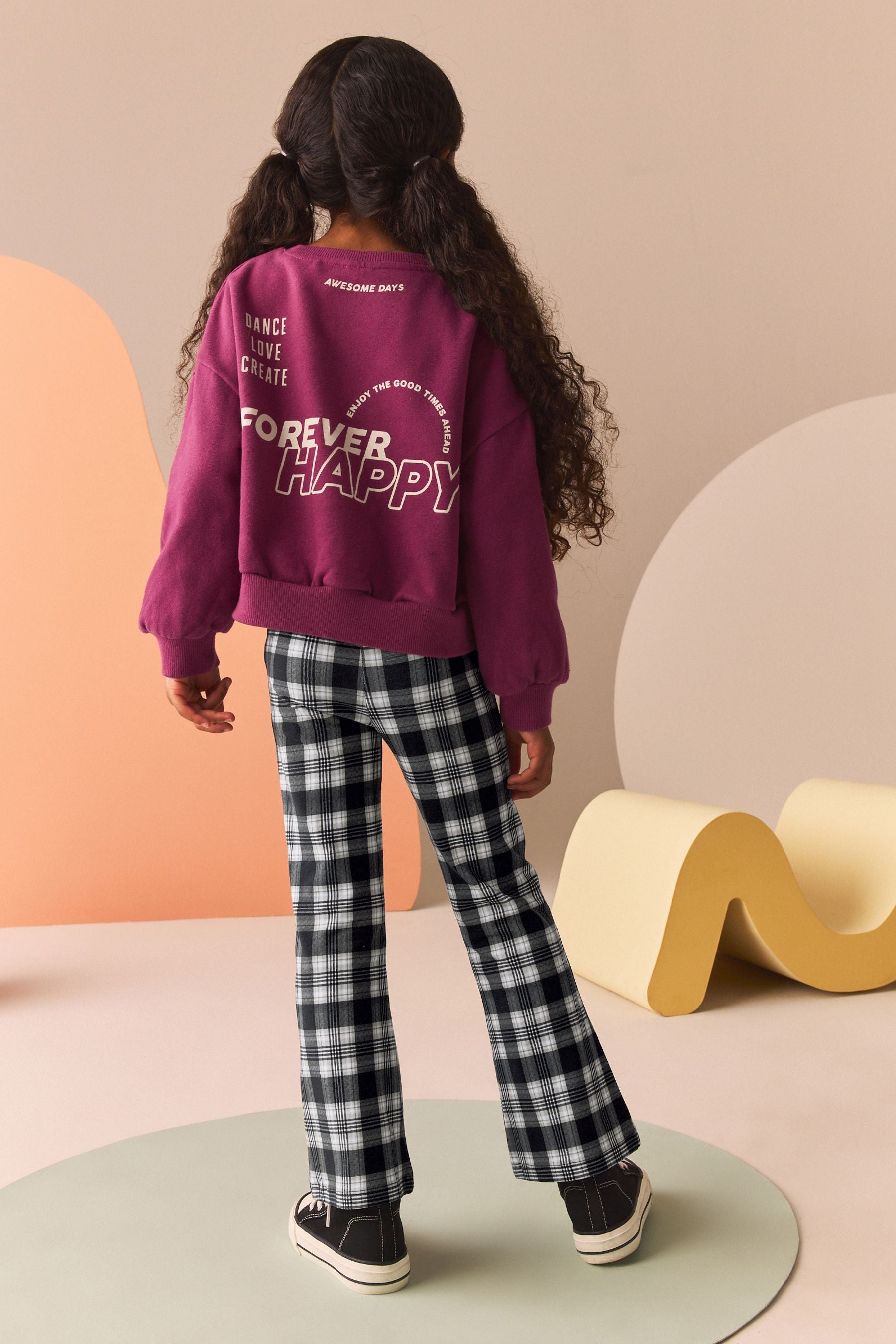 Burgundy Red Graphic Sweatshirt And Check Flare Leggings Set (3-16yrs)