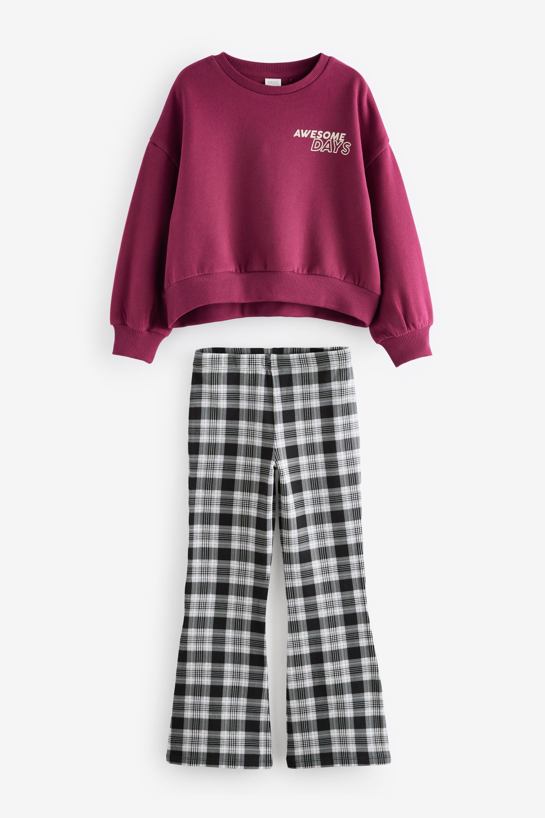 Burgundy Red Graphic Sweatshirt And Check Flare Leggings Set (3-16yrs)