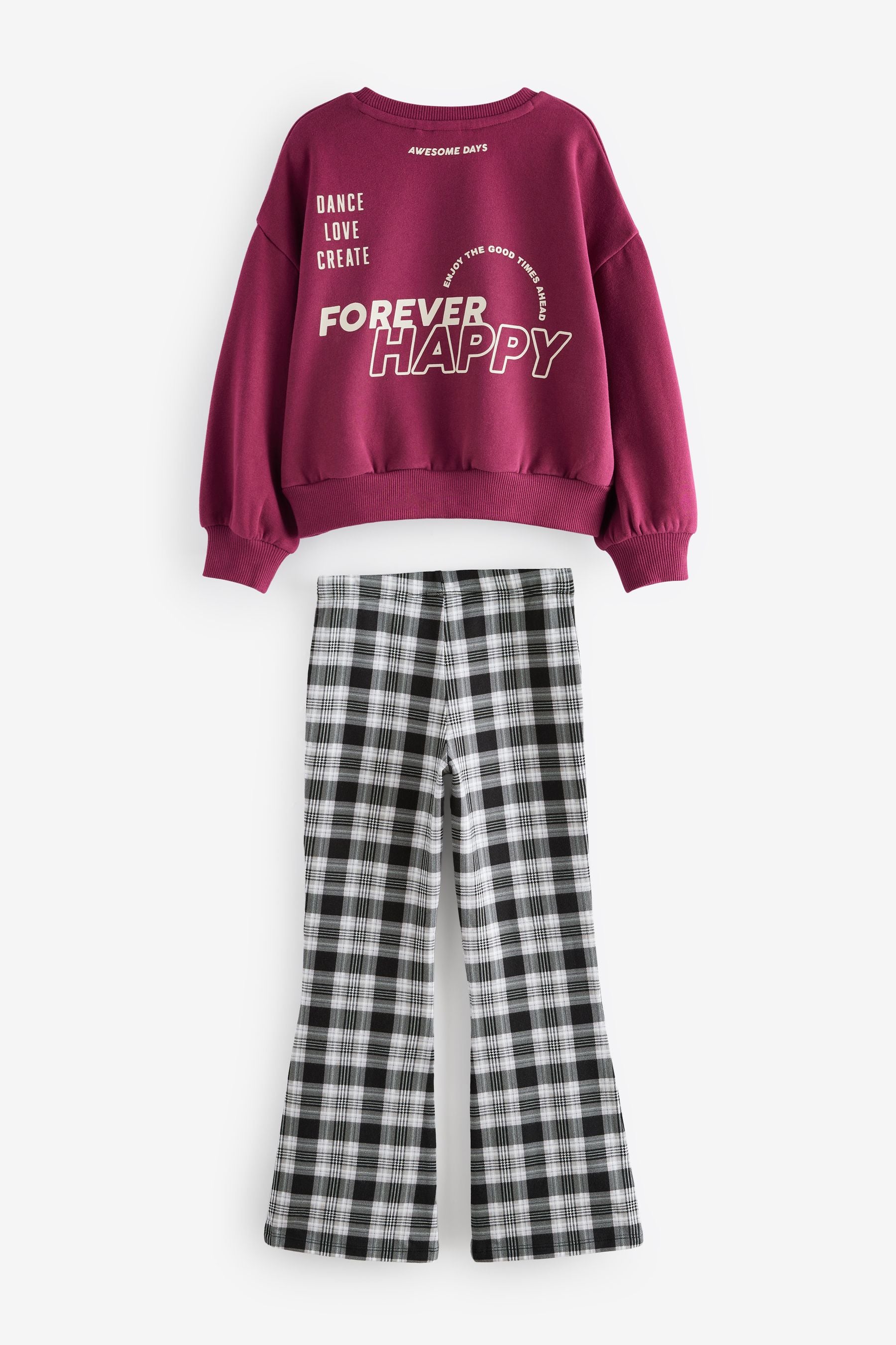 Burgundy Red Graphic Sweatshirt And Check Flare Leggings Set (3-16yrs)