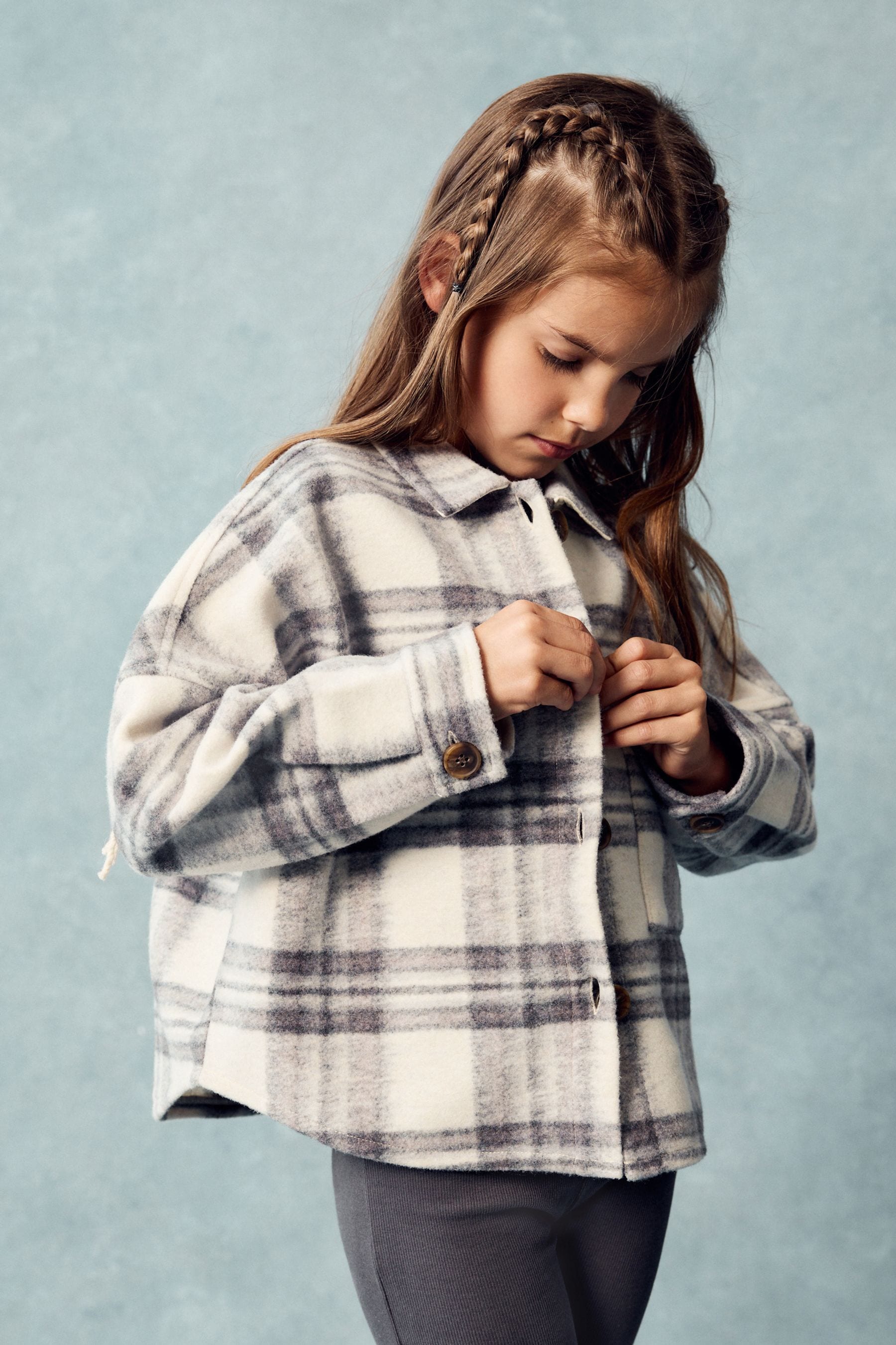 Neutral Check Fringed Shacket (3-16yrs)