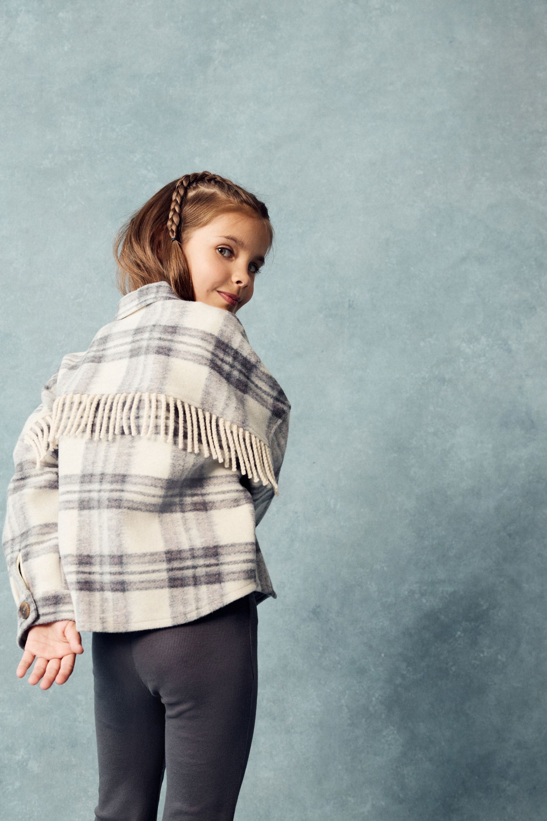 Neutral Check Fringed Shacket (3-16yrs)