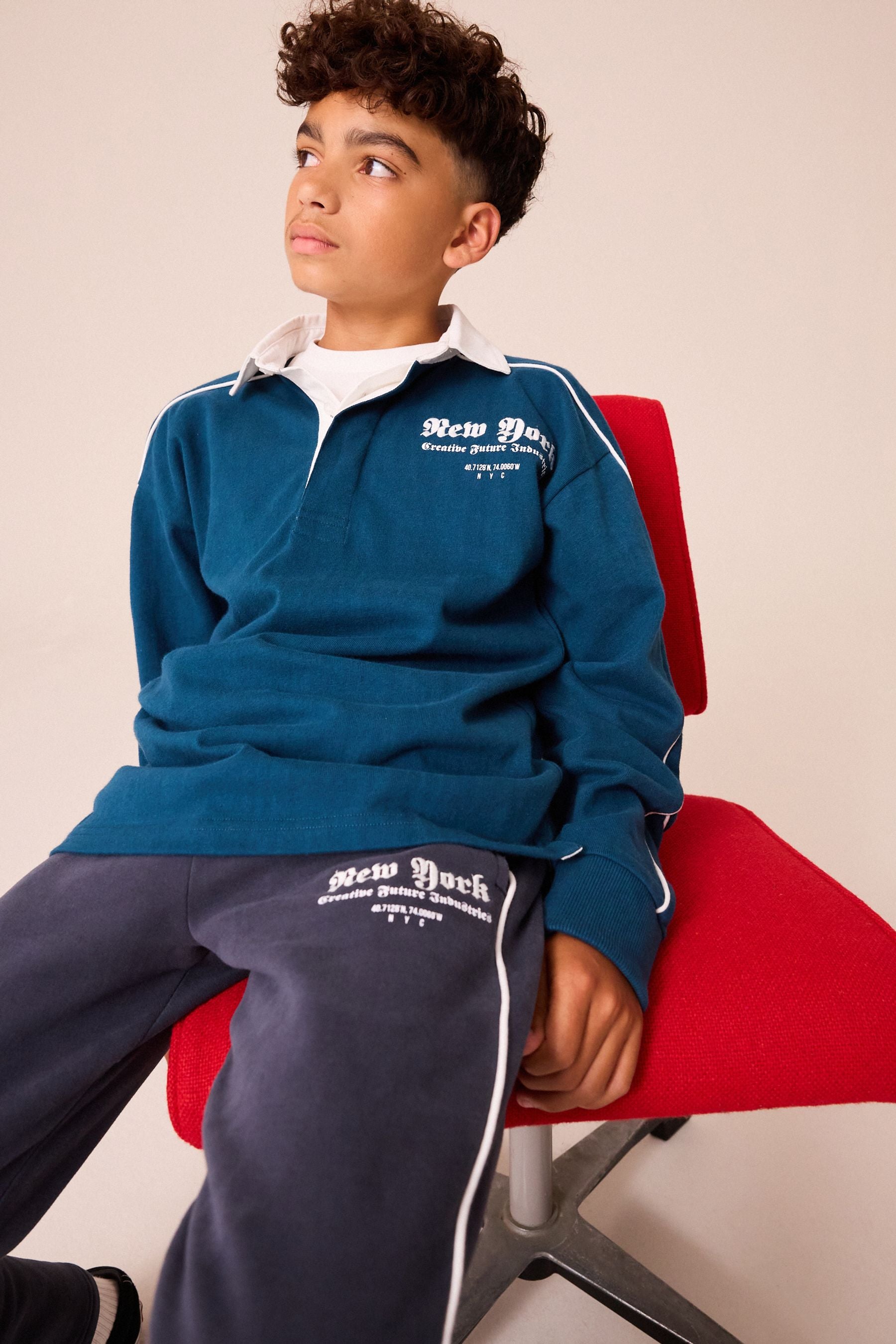 Blue 100% Cotton Rugby Long Sleeve Polo Shirt and Jogger Set (3-16yrs)