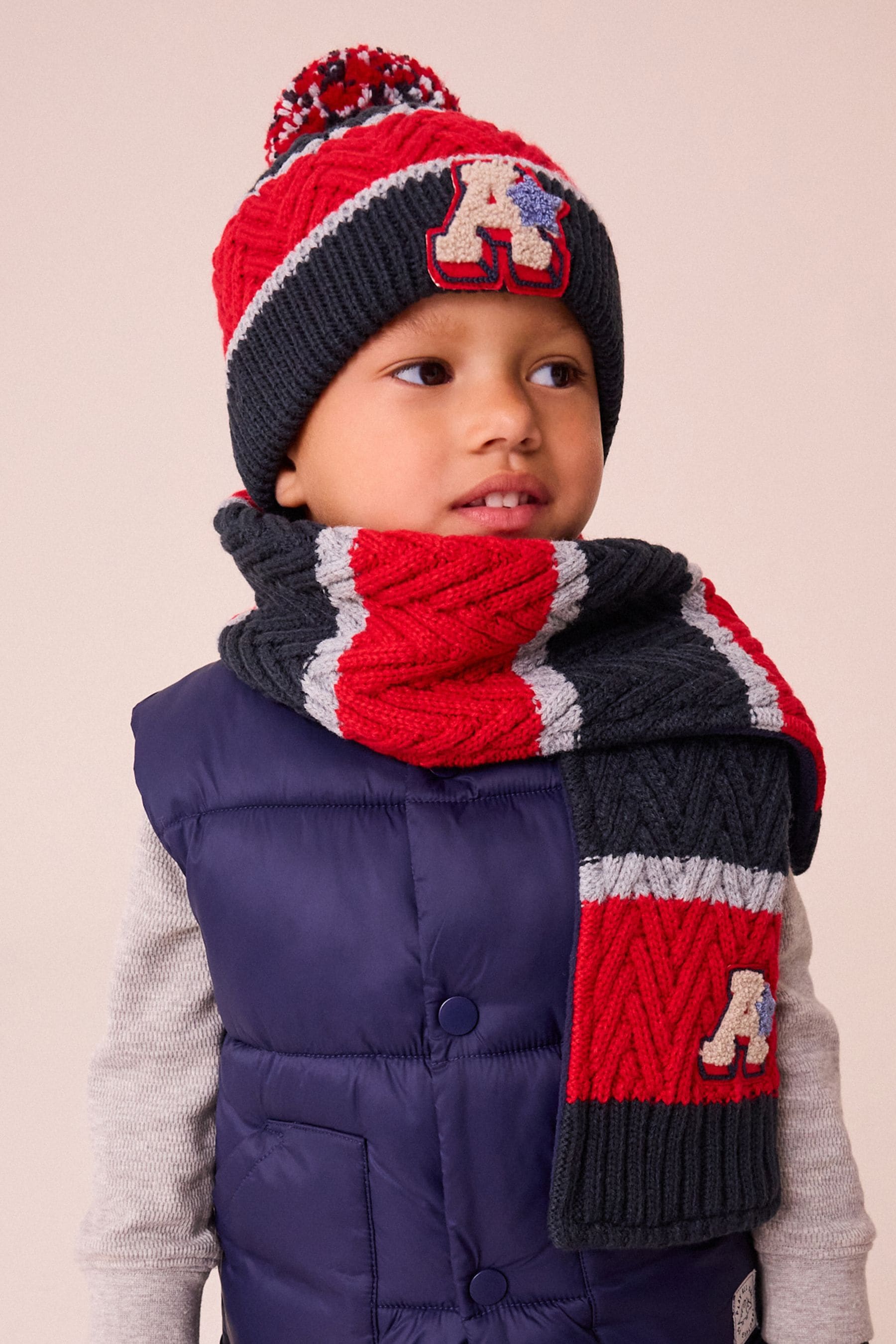 Red/Navy Varsity Stripe Hat, Scarf and Gloves Set (3-16yrs)