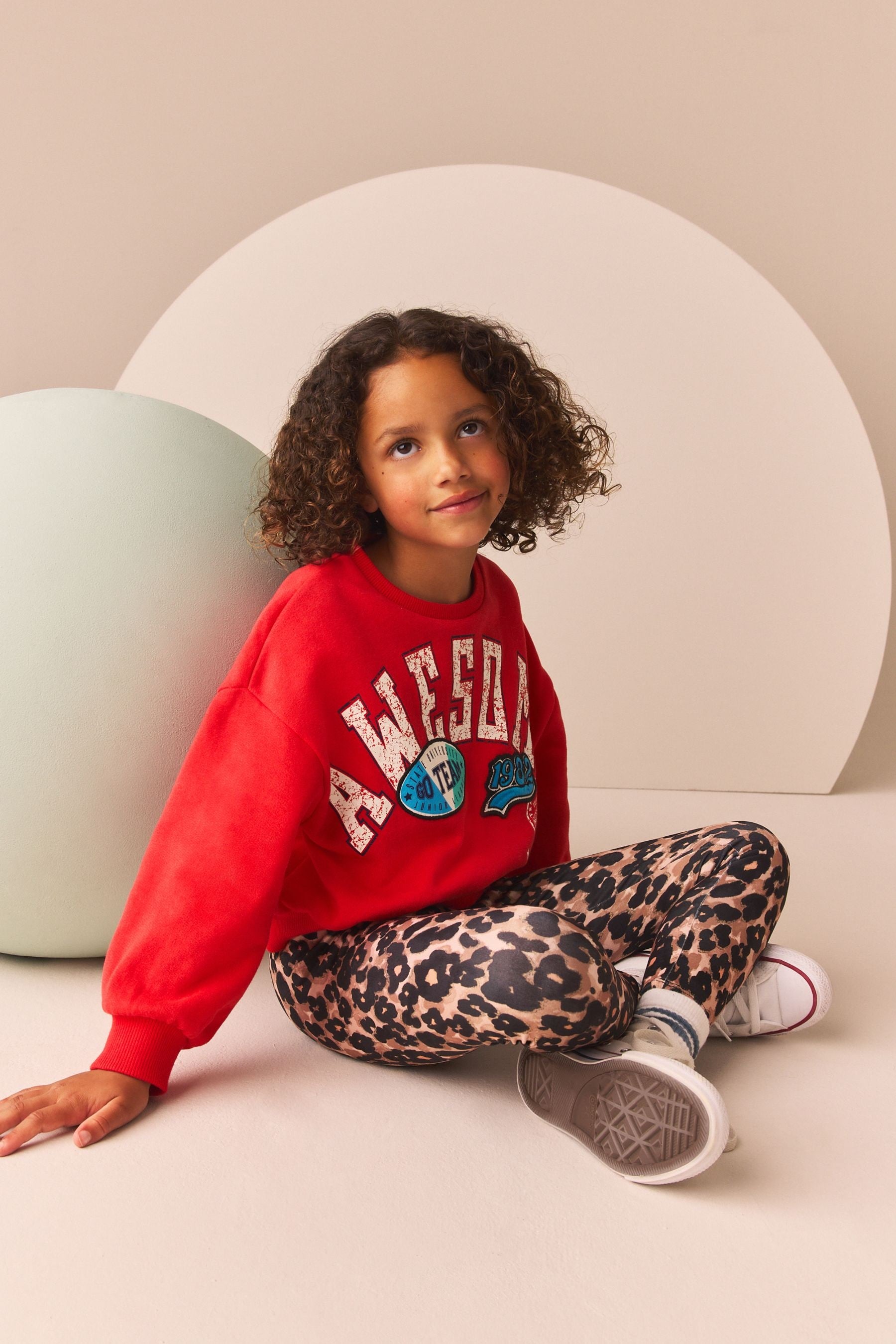 Red Varsity Sweatshirt And Animal Printed Leggings Set (3-16yrs)