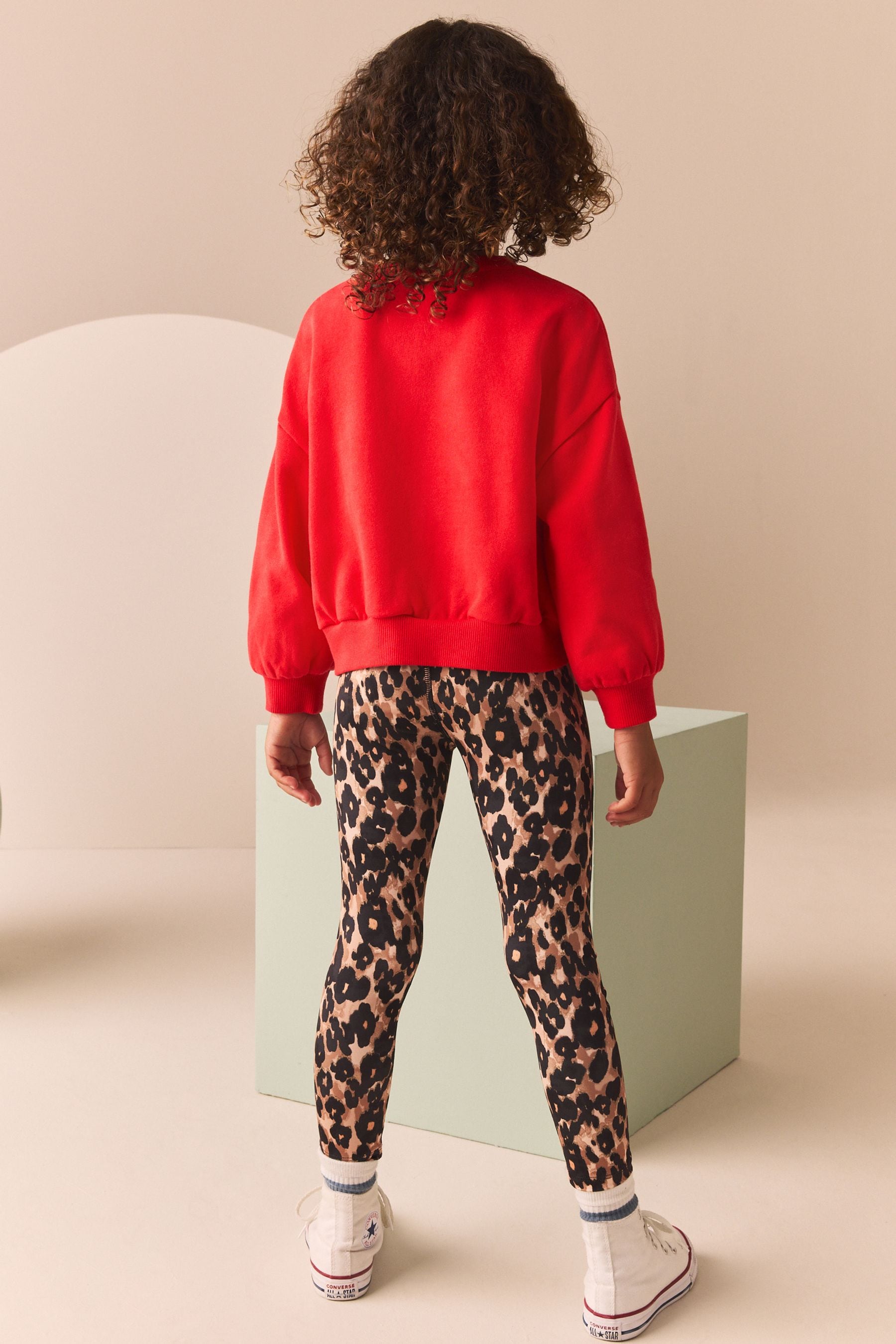 Red Varsity Sweatshirt And Animal Printed Leggings Set (3-16yrs)