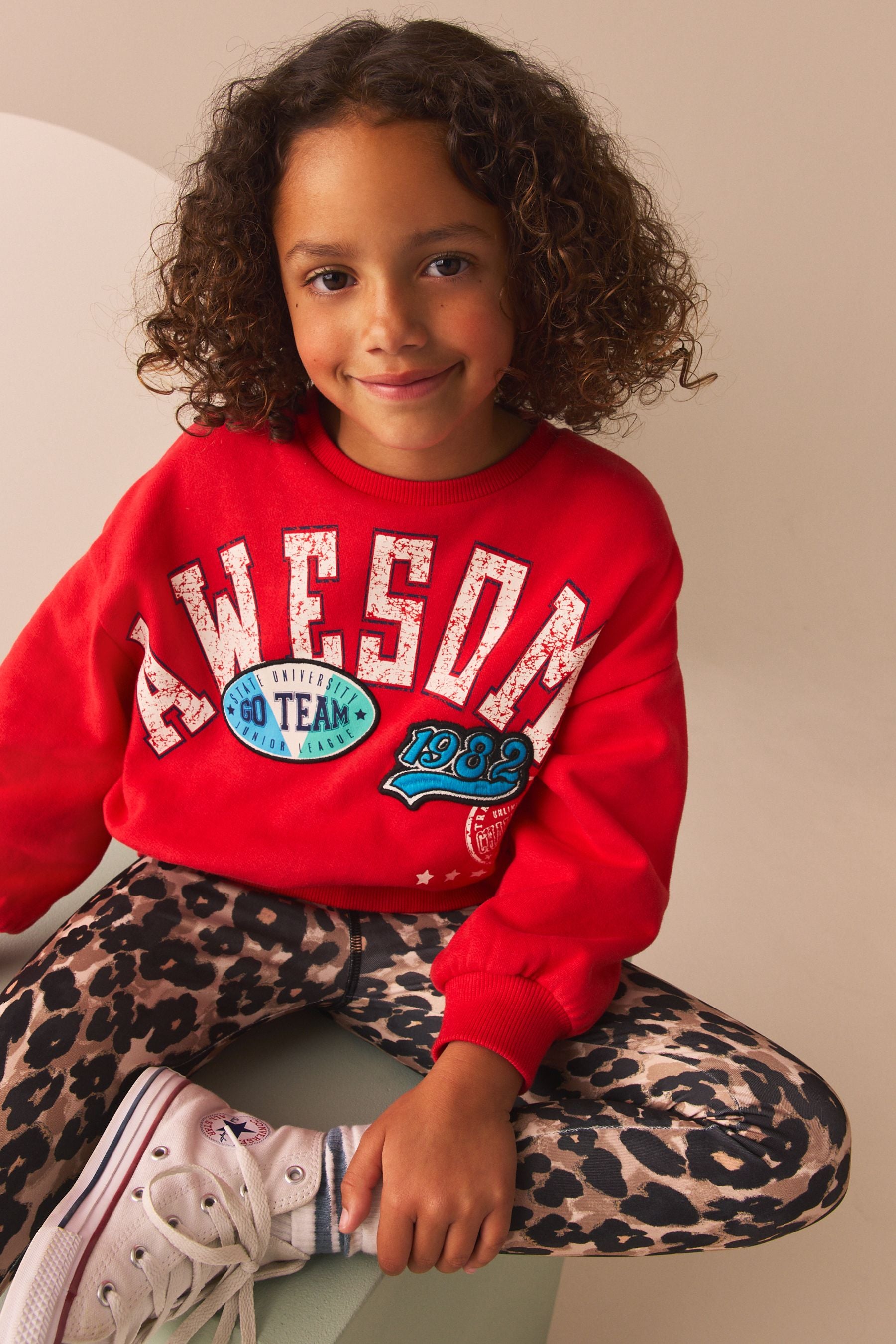 Red Varsity Sweatshirt And Animal Printed Leggings Set (3-16yrs)