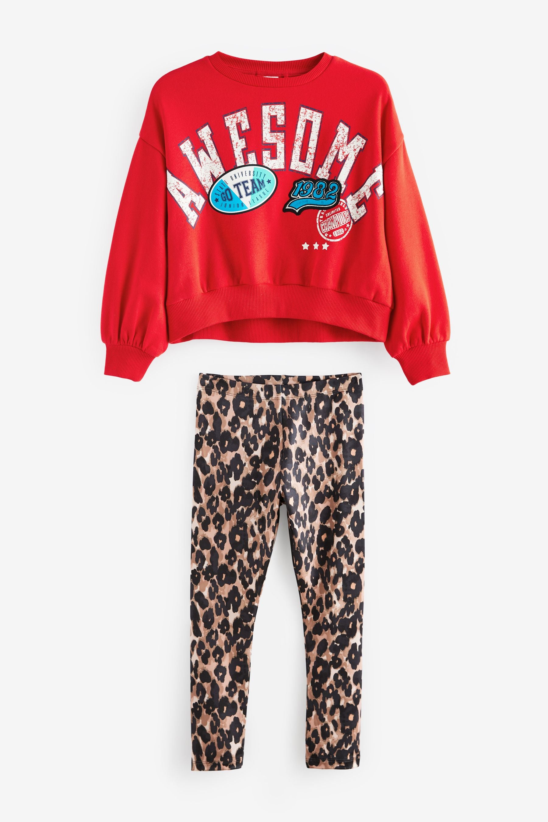 Red Varsity Sweatshirt And Animal Printed Leggings Set (3-16yrs)