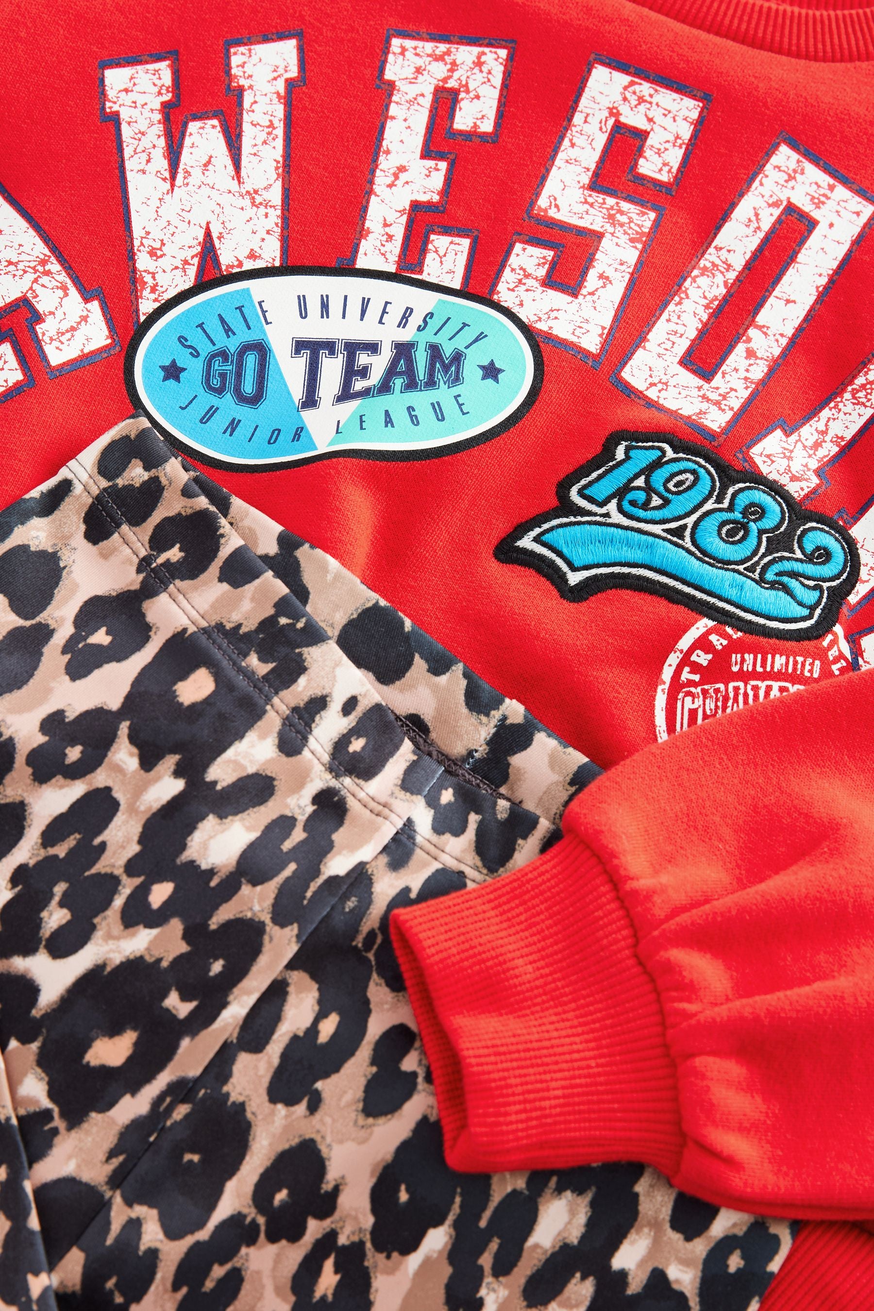 Red Varsity Sweatshirt And Animal Printed Leggings Set (3-16yrs)