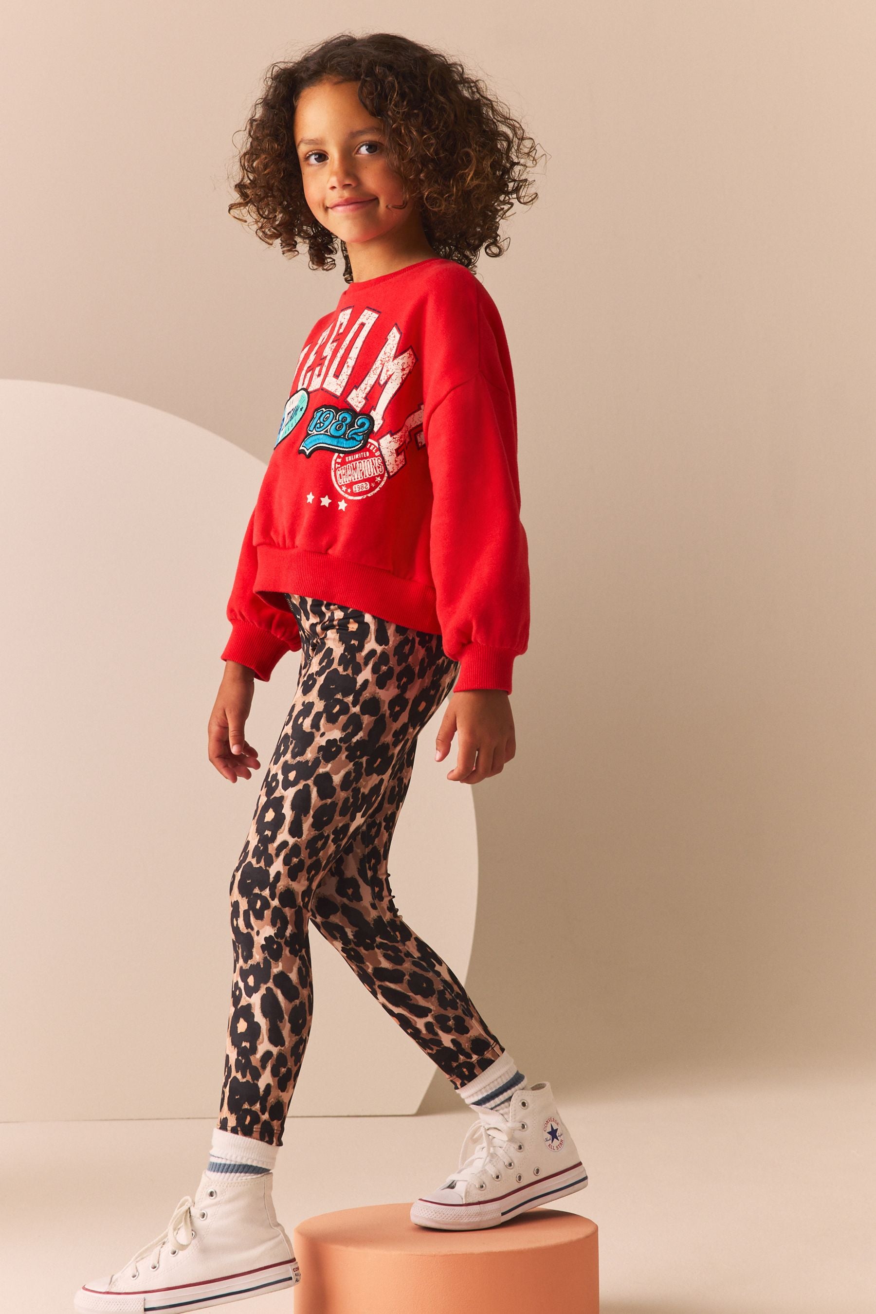 Red Varsity Sweatshirt And Animal Printed Leggings Set (3-16yrs)