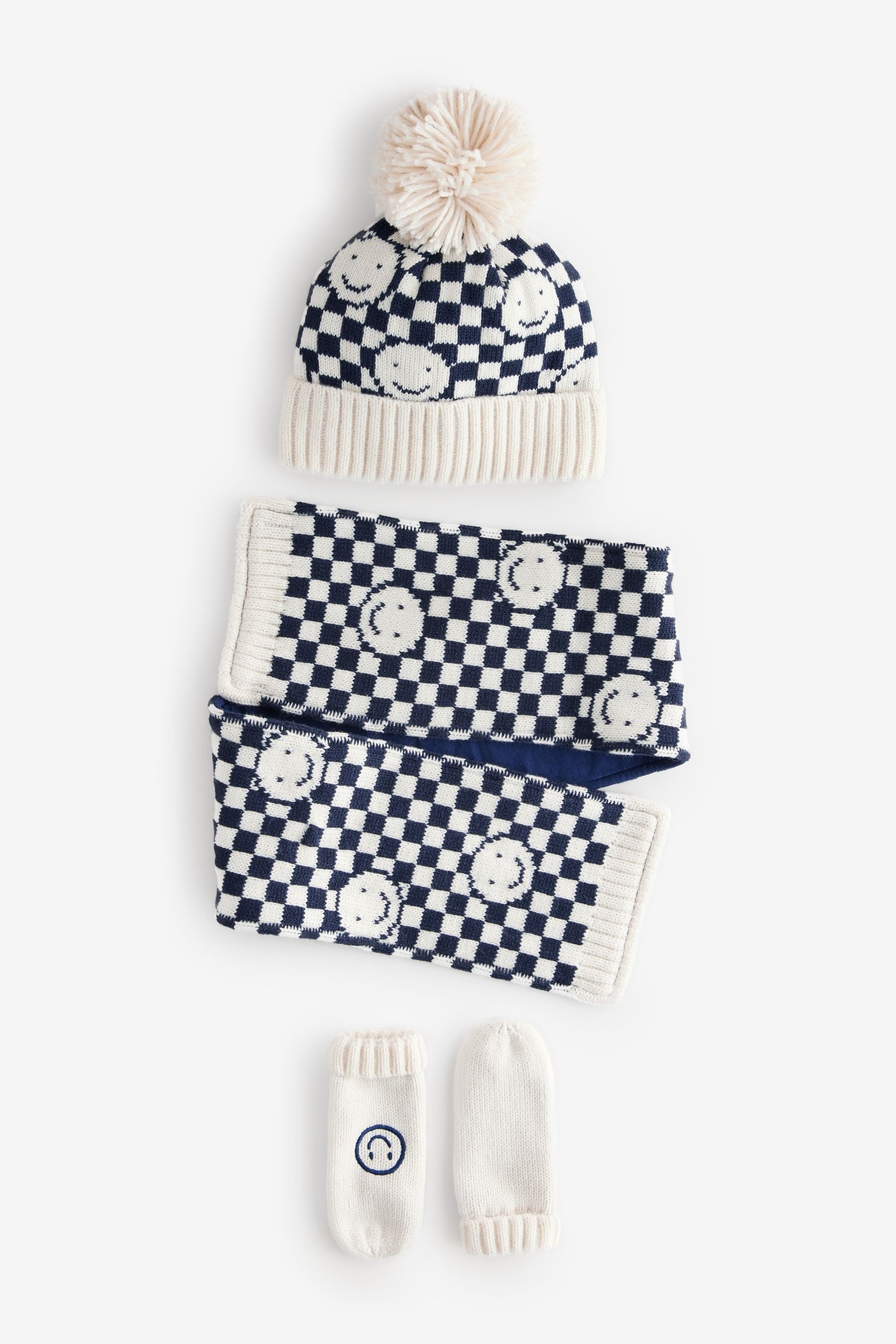 Neutral Check Smile Hat, Scarf And Mittens Set (3mths-10yrs)