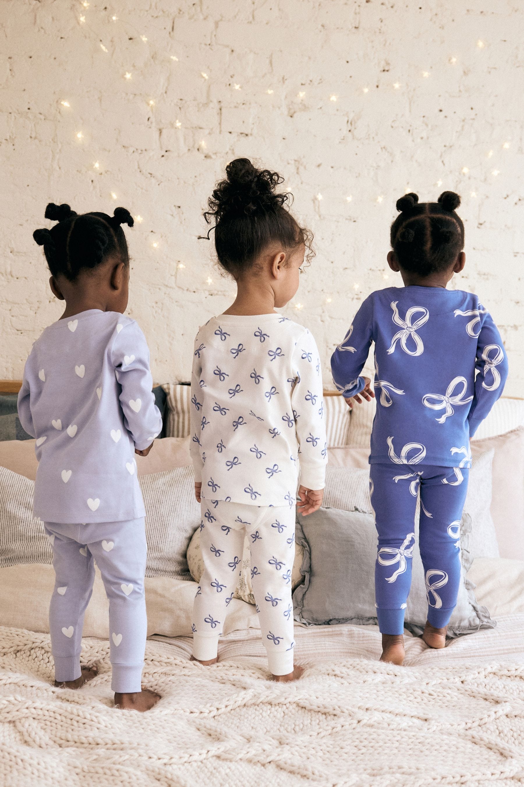 Blue/ Cream Bow 3 Pack 100% Cotton Snuggle Pyjamas (9mths-12yrs)