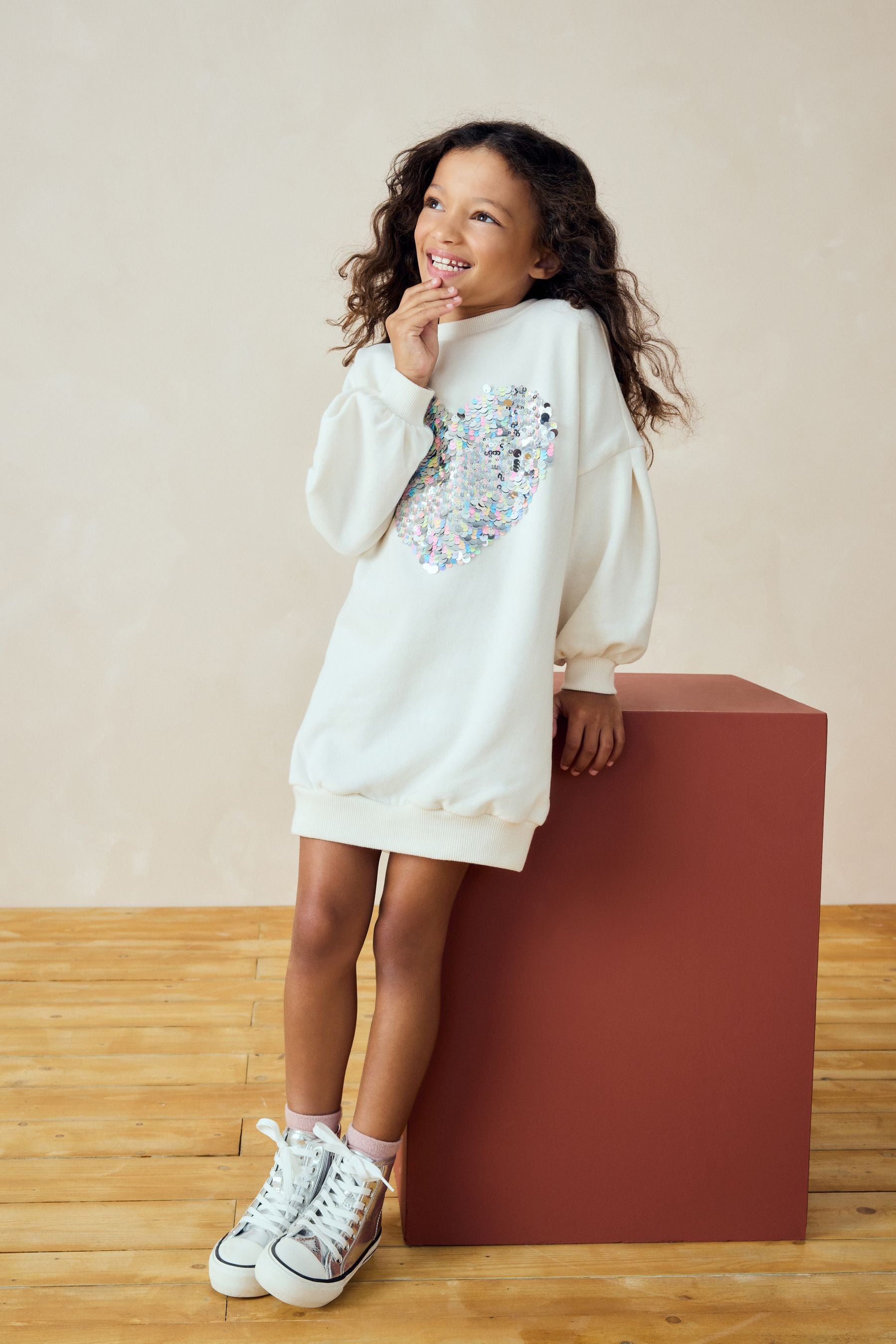 Ecru White Sequin Heart Jumper Dress (3-16yrs)