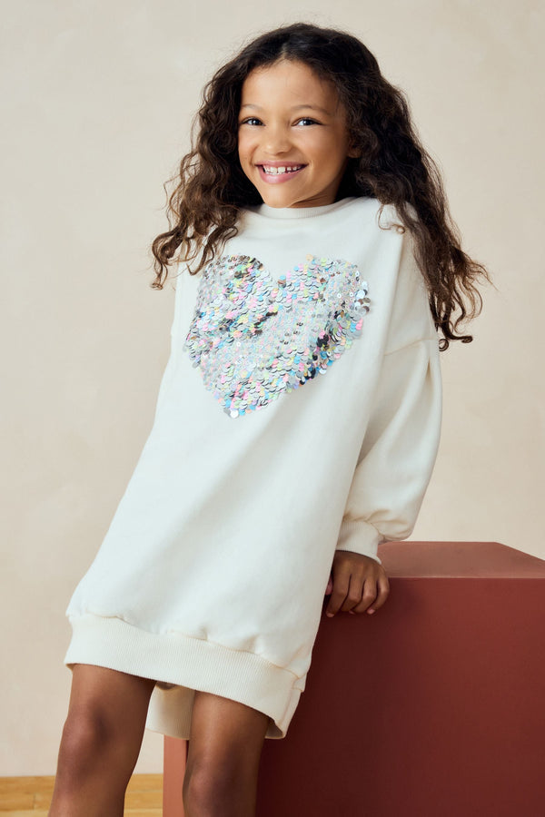 Ecru White Sequin Heart Jumper Dress (3-16yrs)