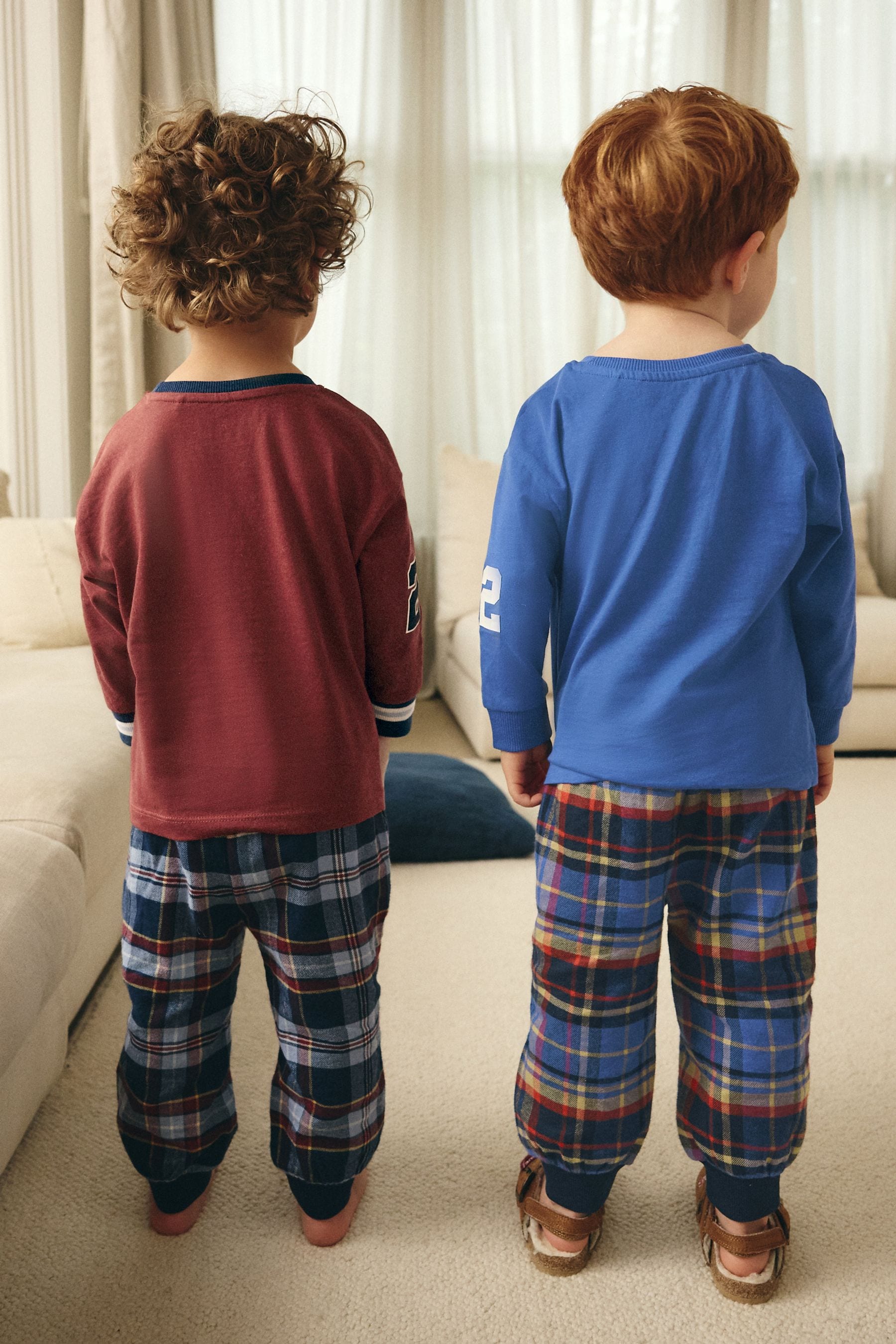 Navy Blue/Burgundy Red Varsity Woven Bottom Check 100% Cotton Pyjamas 2 Pack (9mths-8yrs)