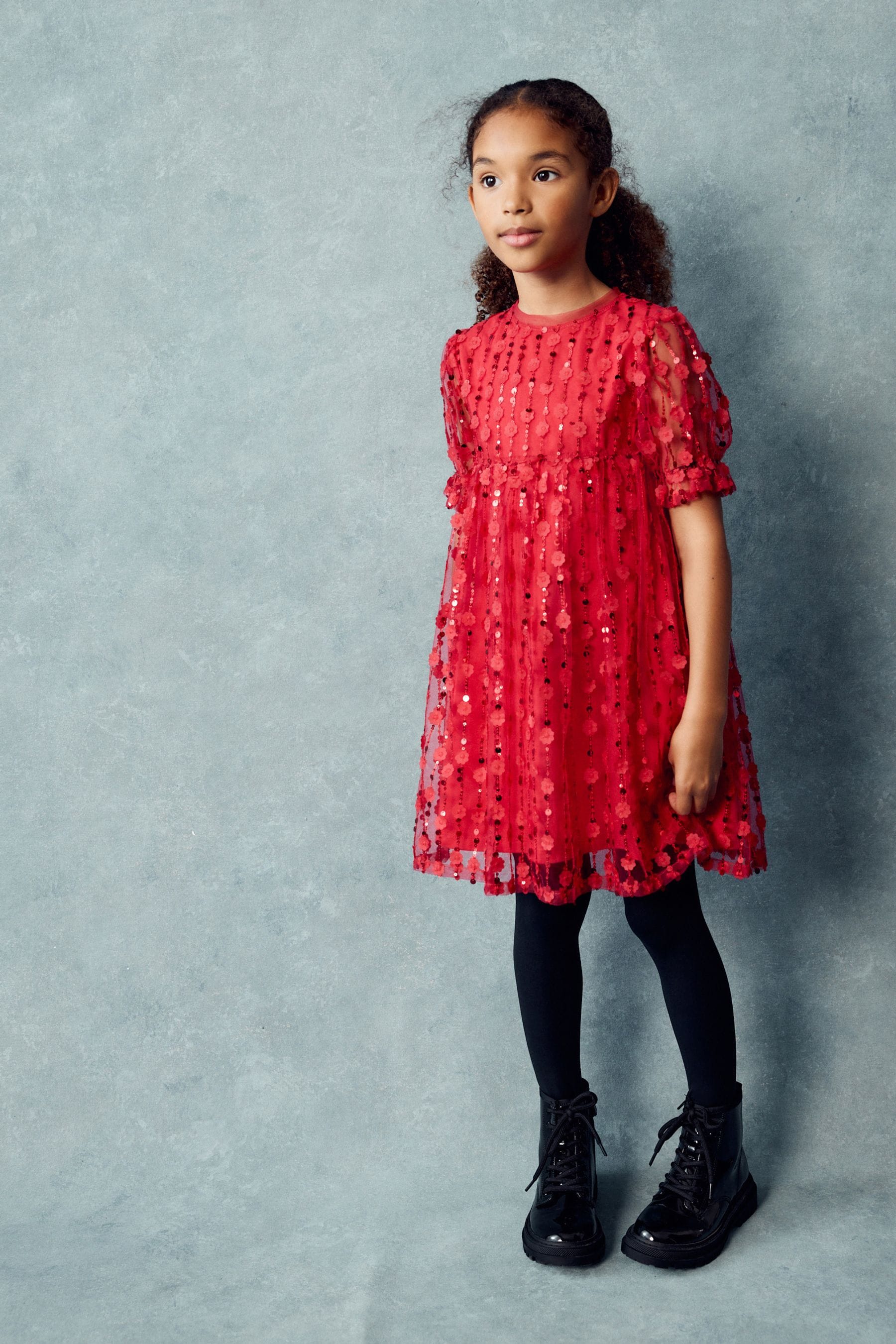 Red Flower Sequin Shimmer Party Dress (3-16yrs)