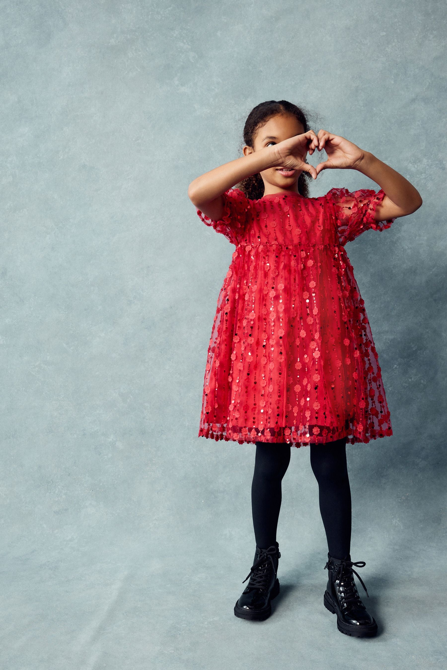 Red Flower Sequin Shimmer Party Dress (3-16yrs)