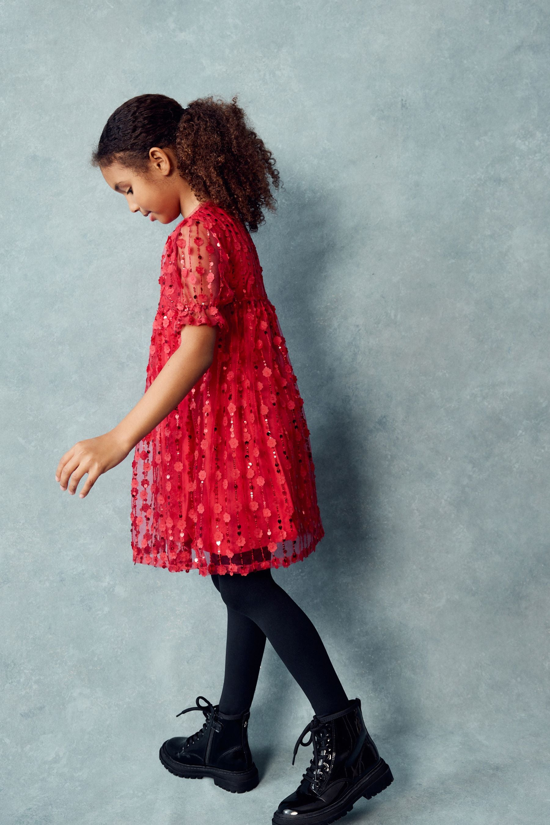 Red Sequin Mesh Flower Party Dress (3-16yrs)