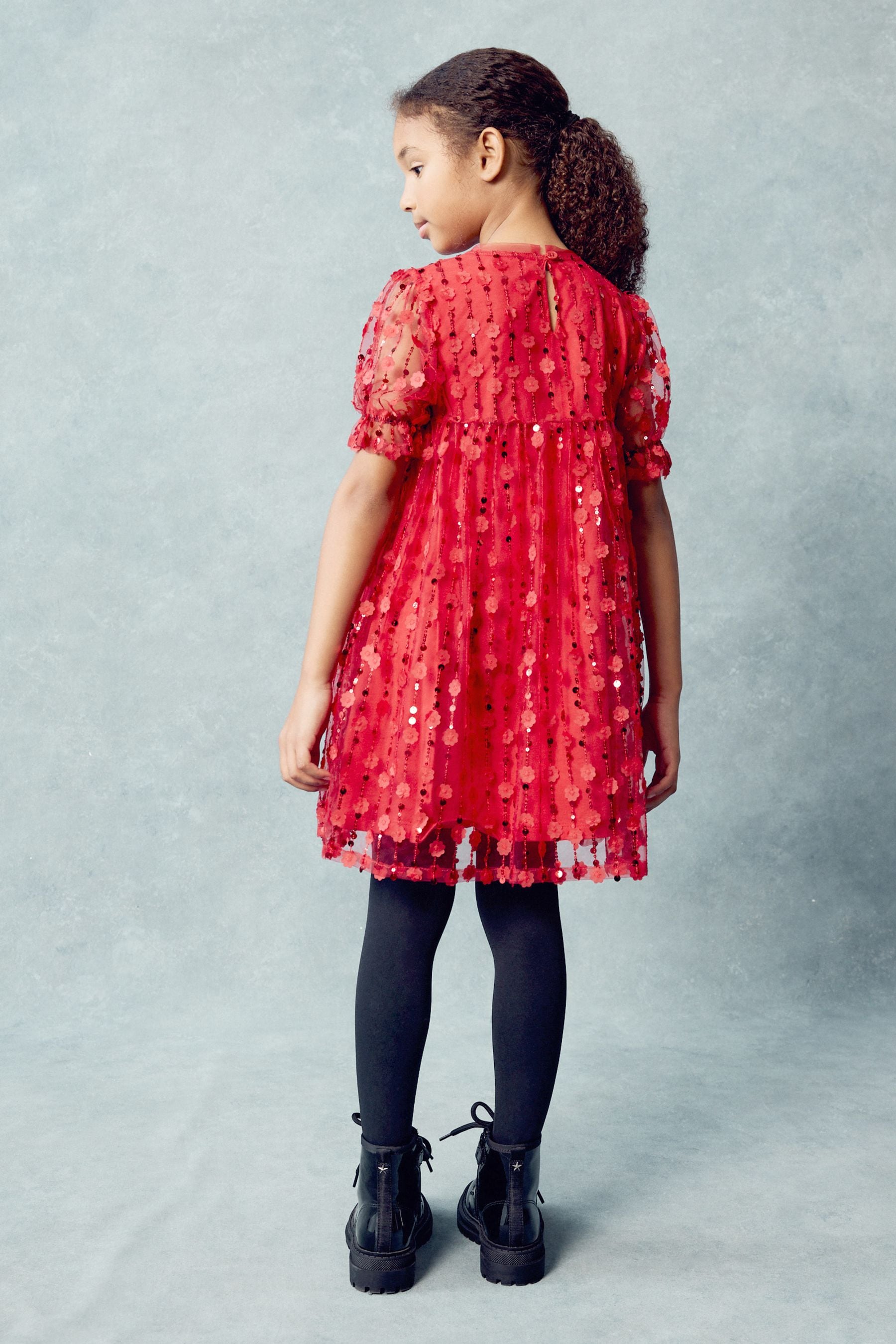 Red Sequin Mesh Flower Party Dress (3-16yrs)