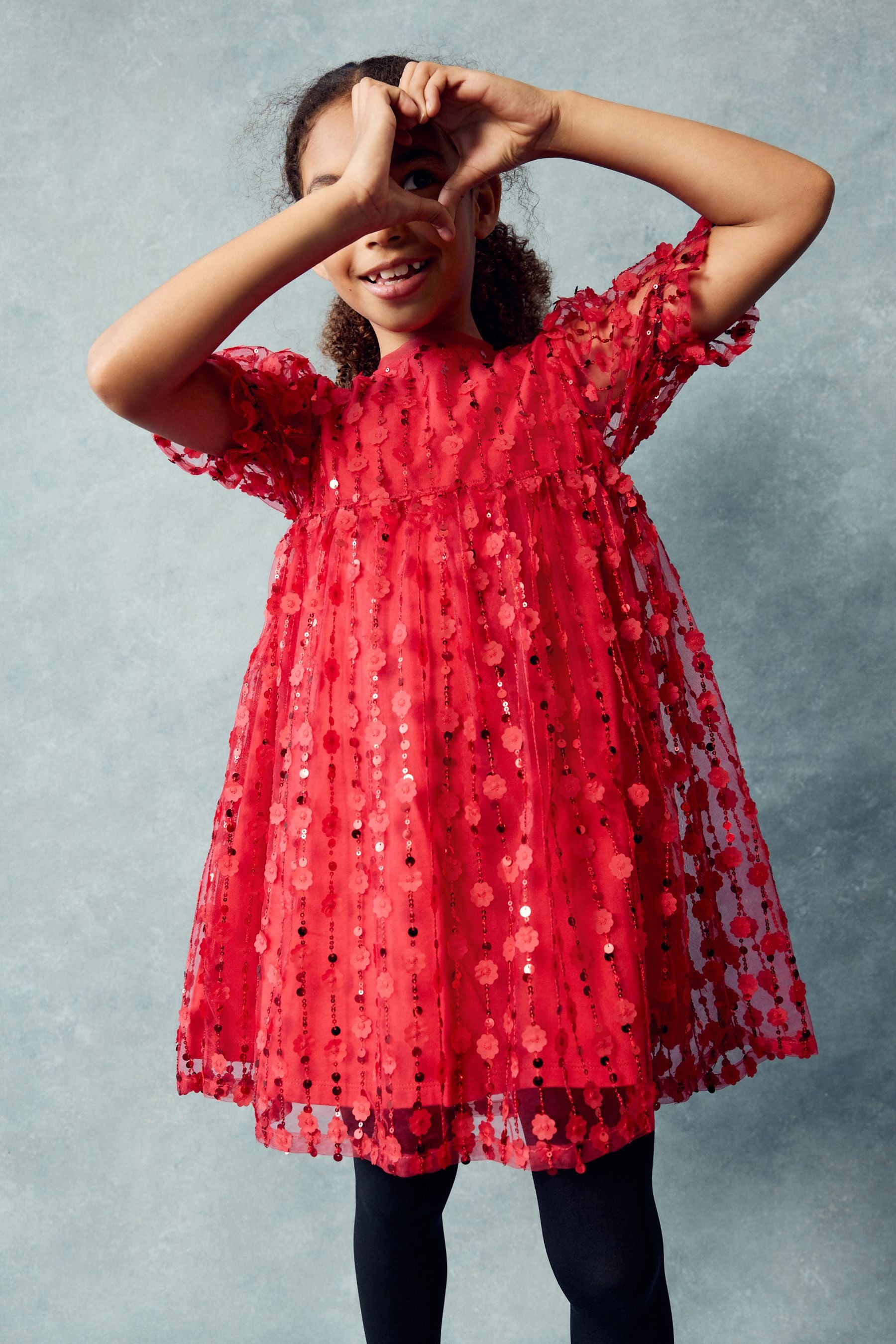 Red Sequin Mesh Flower Party Dress (3-16yrs)