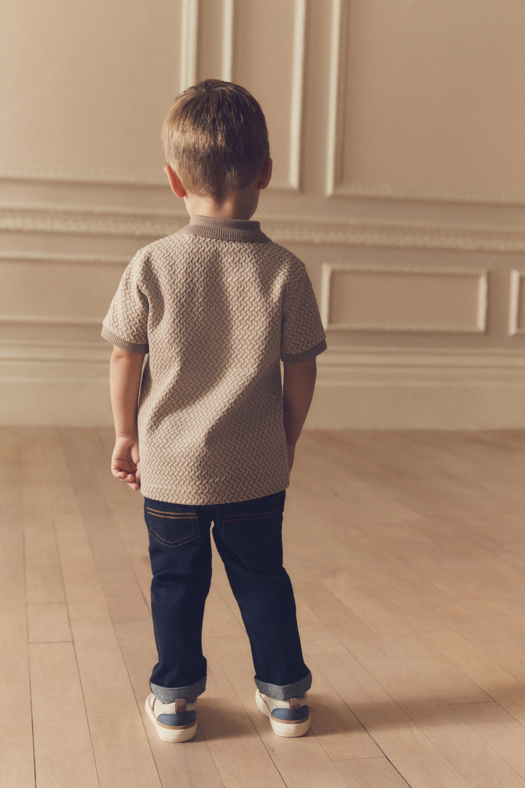 Tan Brown/Ecru Natural Short Sleeve Textured Polo Shirt (3mths-7yrs)