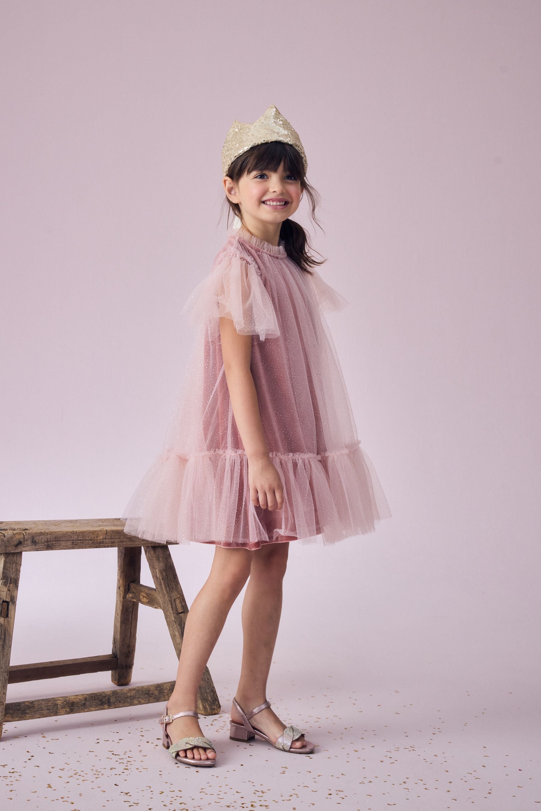 Pink Velour Shimmer Mesh Layered Dress (3-16yrs)