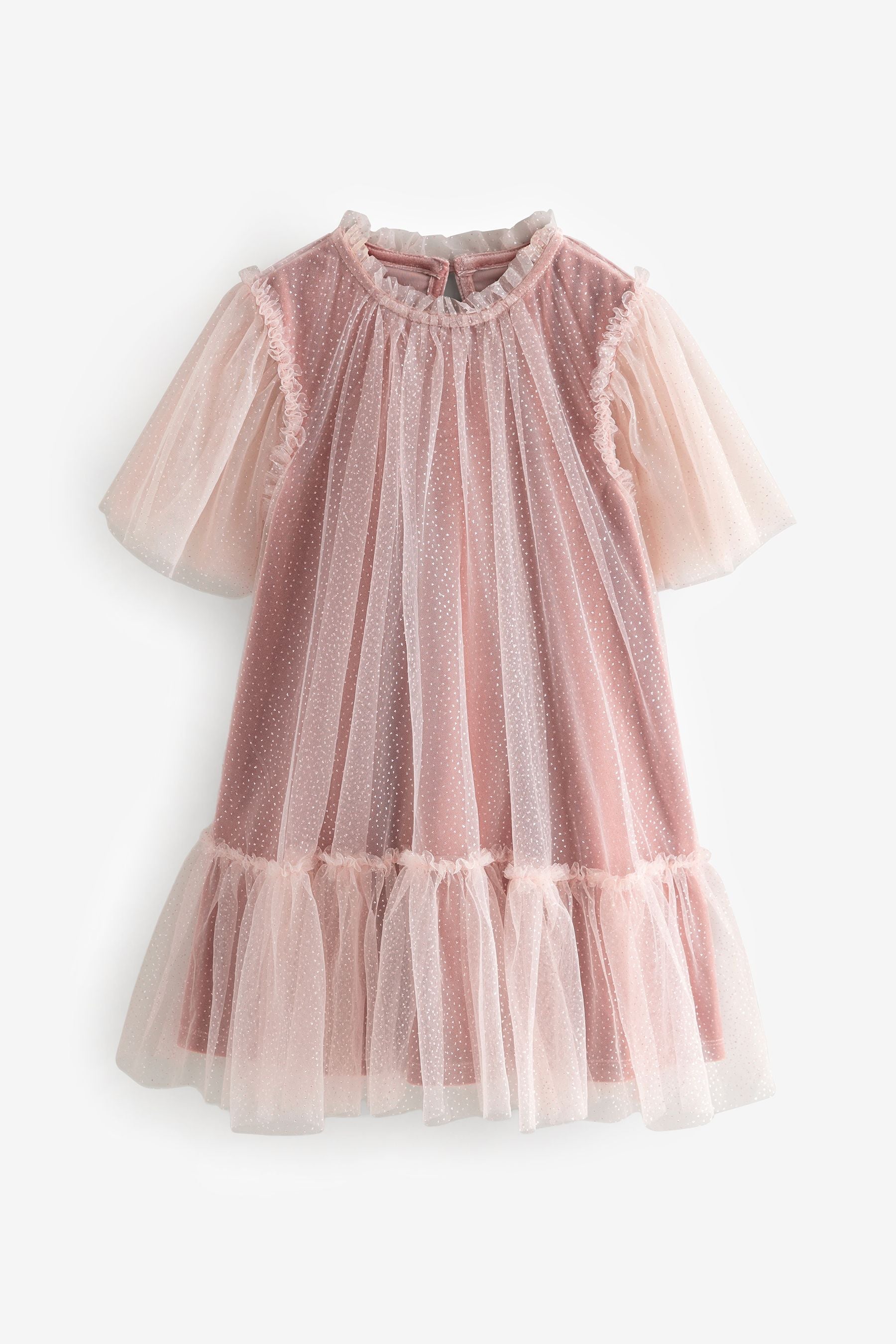 Pink Velour Shimmer Mesh Layered Dress (3-16yrs)