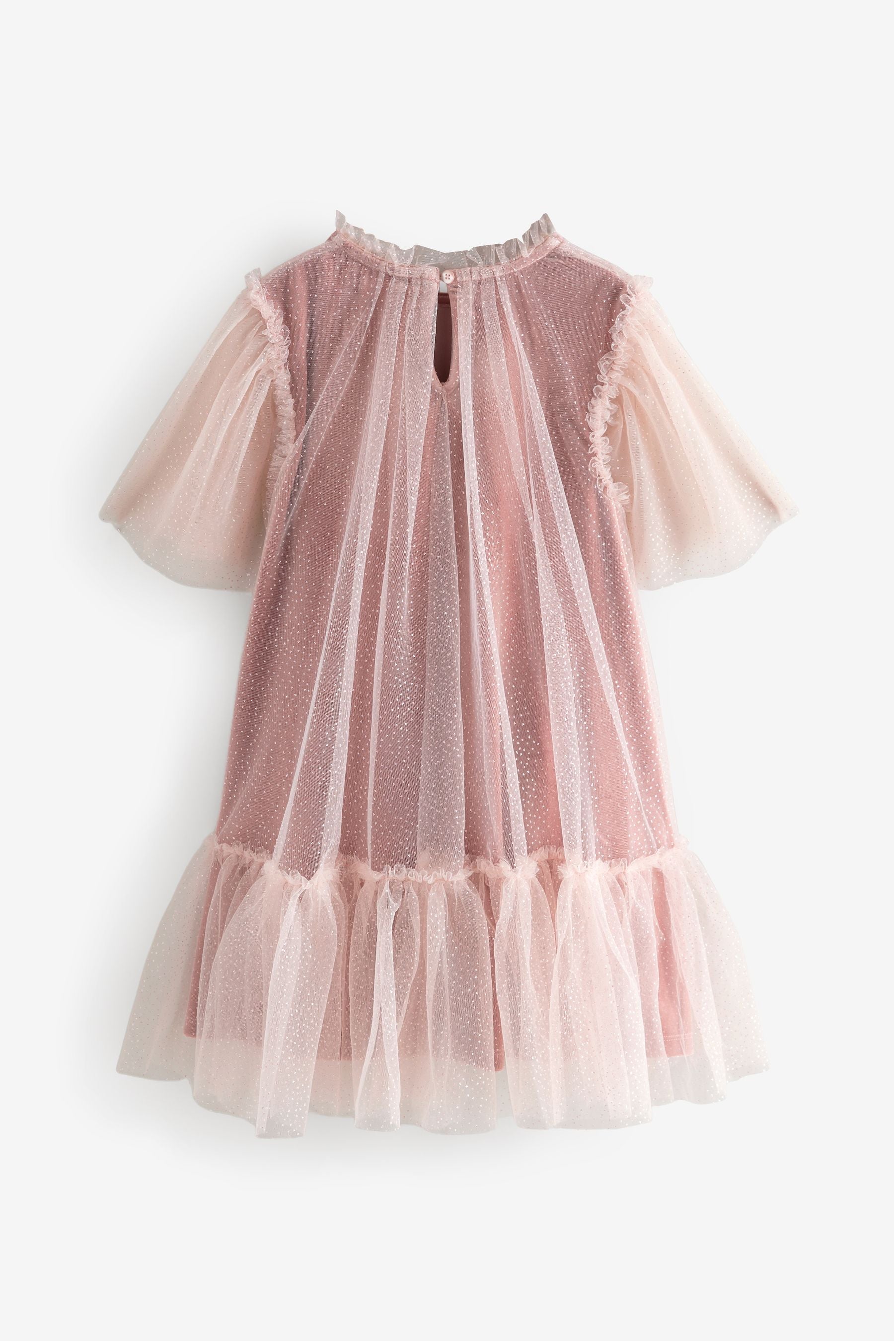 Pink Velour Shimmer Mesh Layered Dress (3-16yrs)