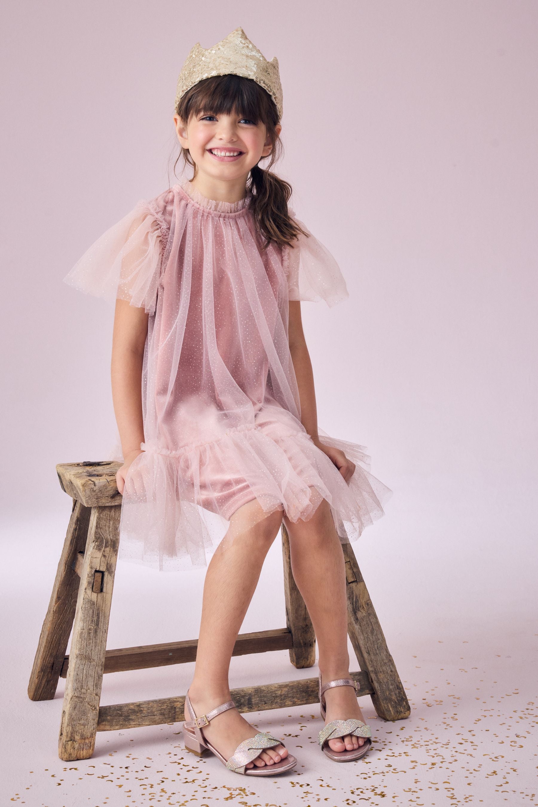 Pink Velour Shimmer Mesh Layered Dress (3-16yrs)