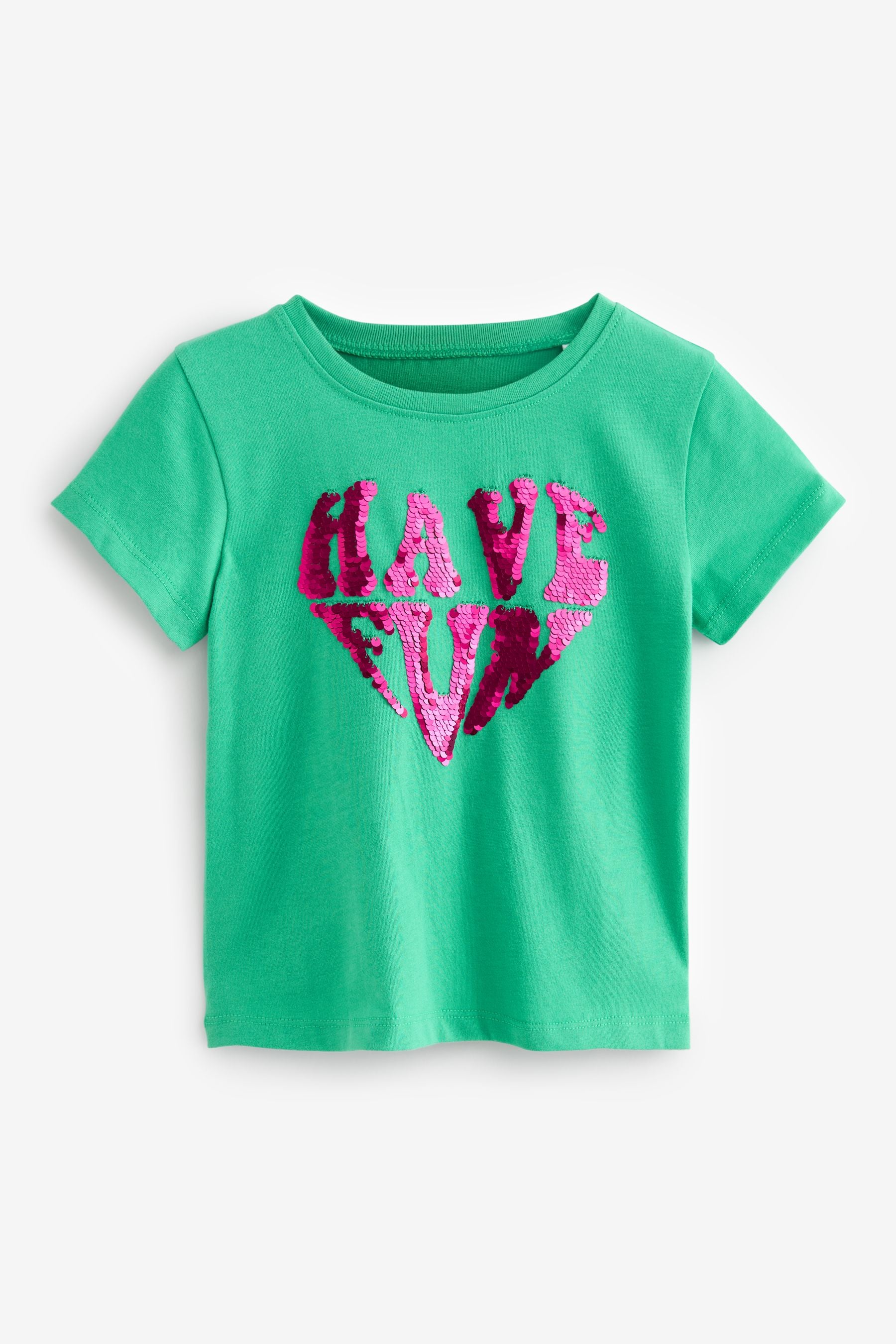 Green Have Fun Slogan Short Sleeve Sequin T-Shirt (9mths-7yrs)