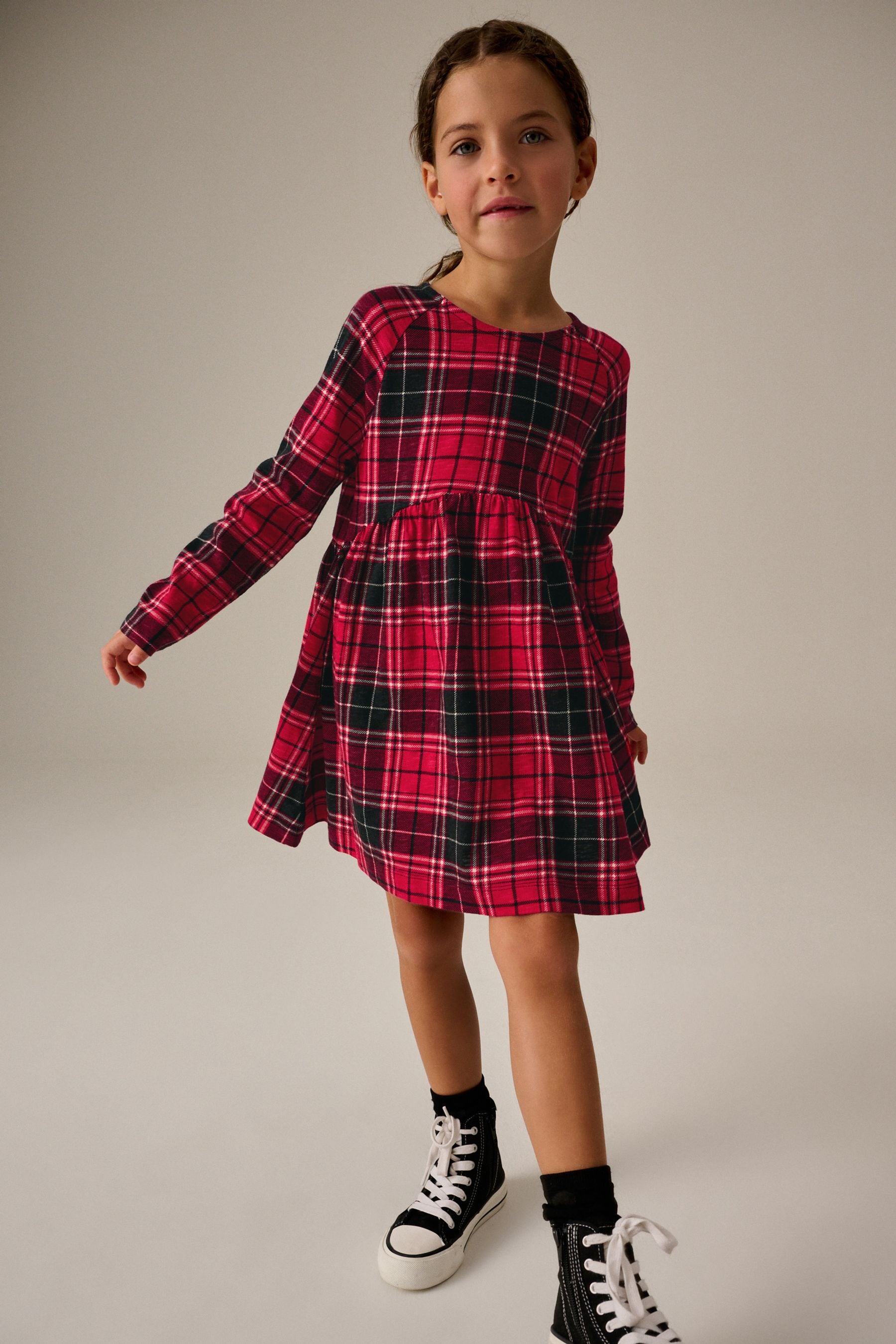 Red Check Long Sleeve 100% Cotton Jersey Dress (3-16yrs)