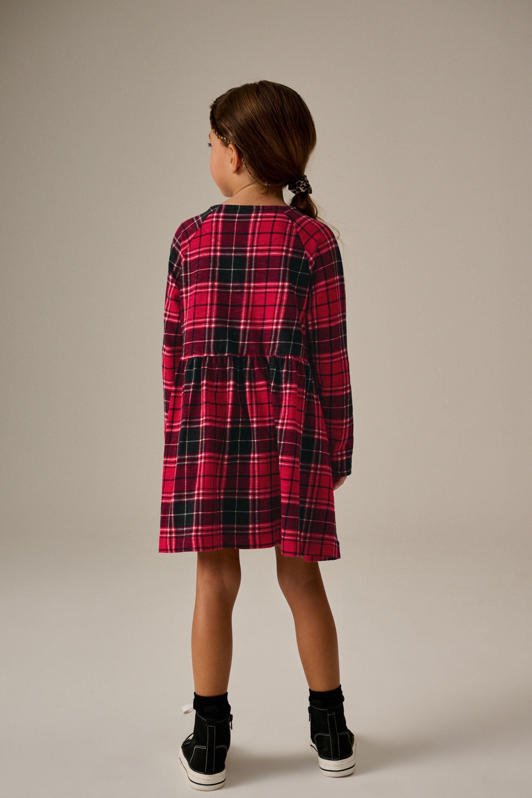 Red Check Long Sleeve 100% Cotton Jersey Dress (3-16yrs)