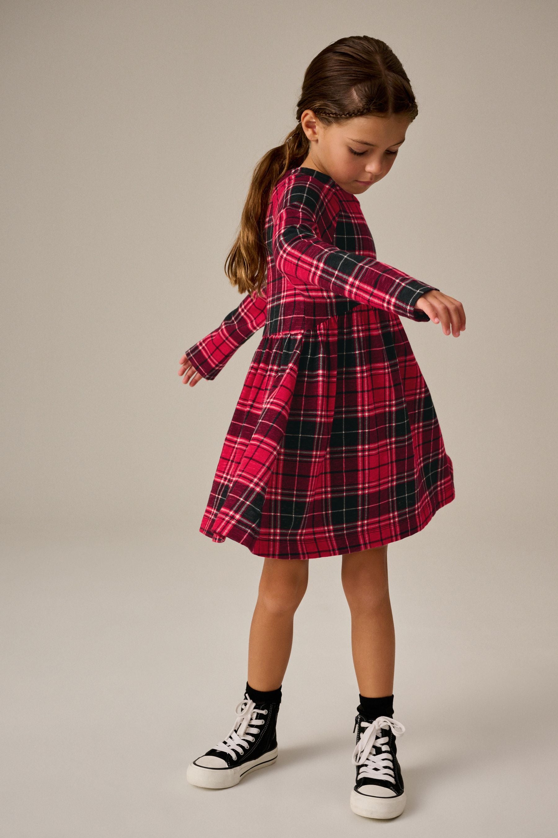 Red Check Long Sleeve 100% Cotton Jersey Dress (3-16yrs)