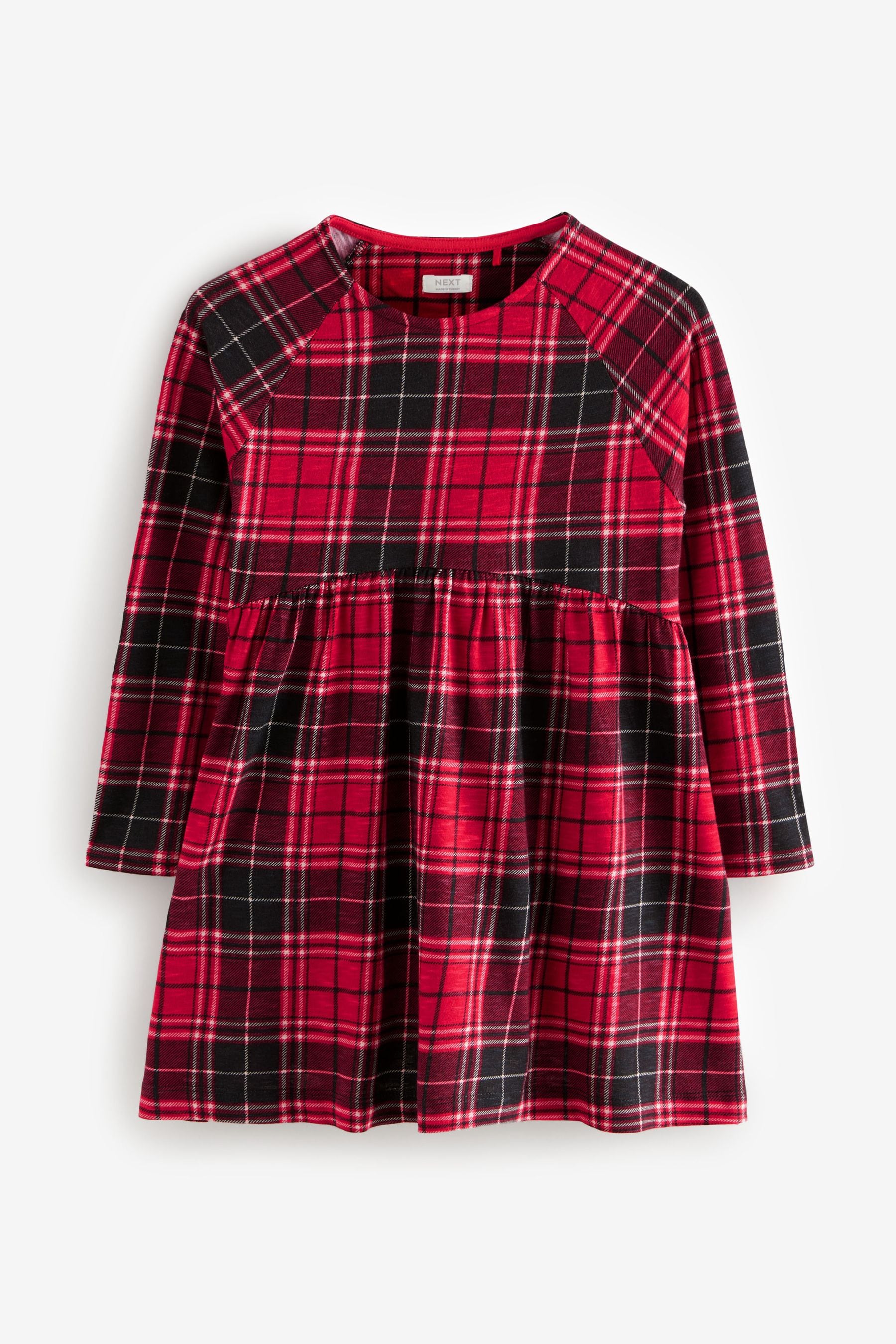 Red Check Long Sleeve 100% Cotton Jersey Dress (3-16yrs)