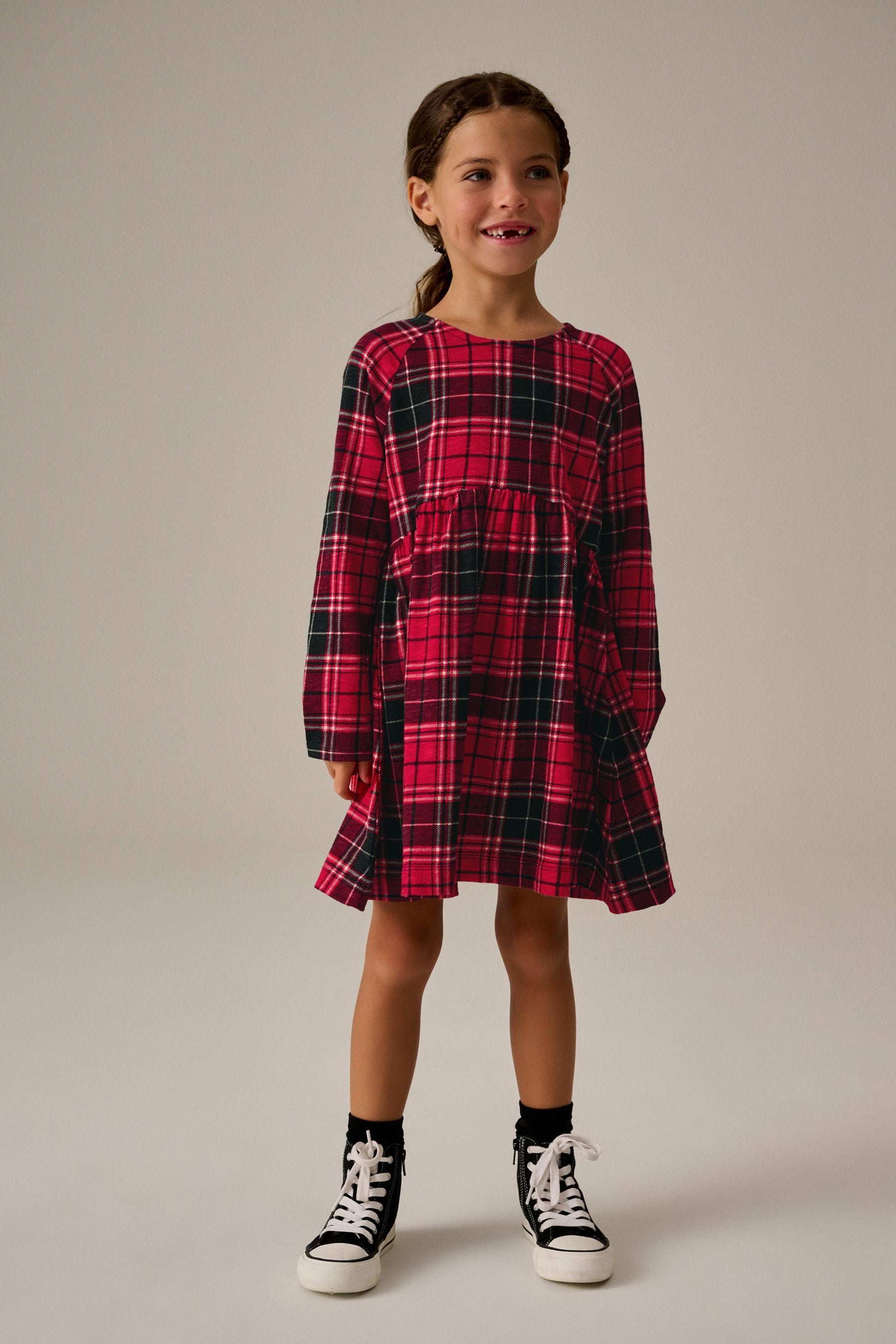 Red Check Long Sleeve 100% Cotton Jersey Dress (3-16yrs)