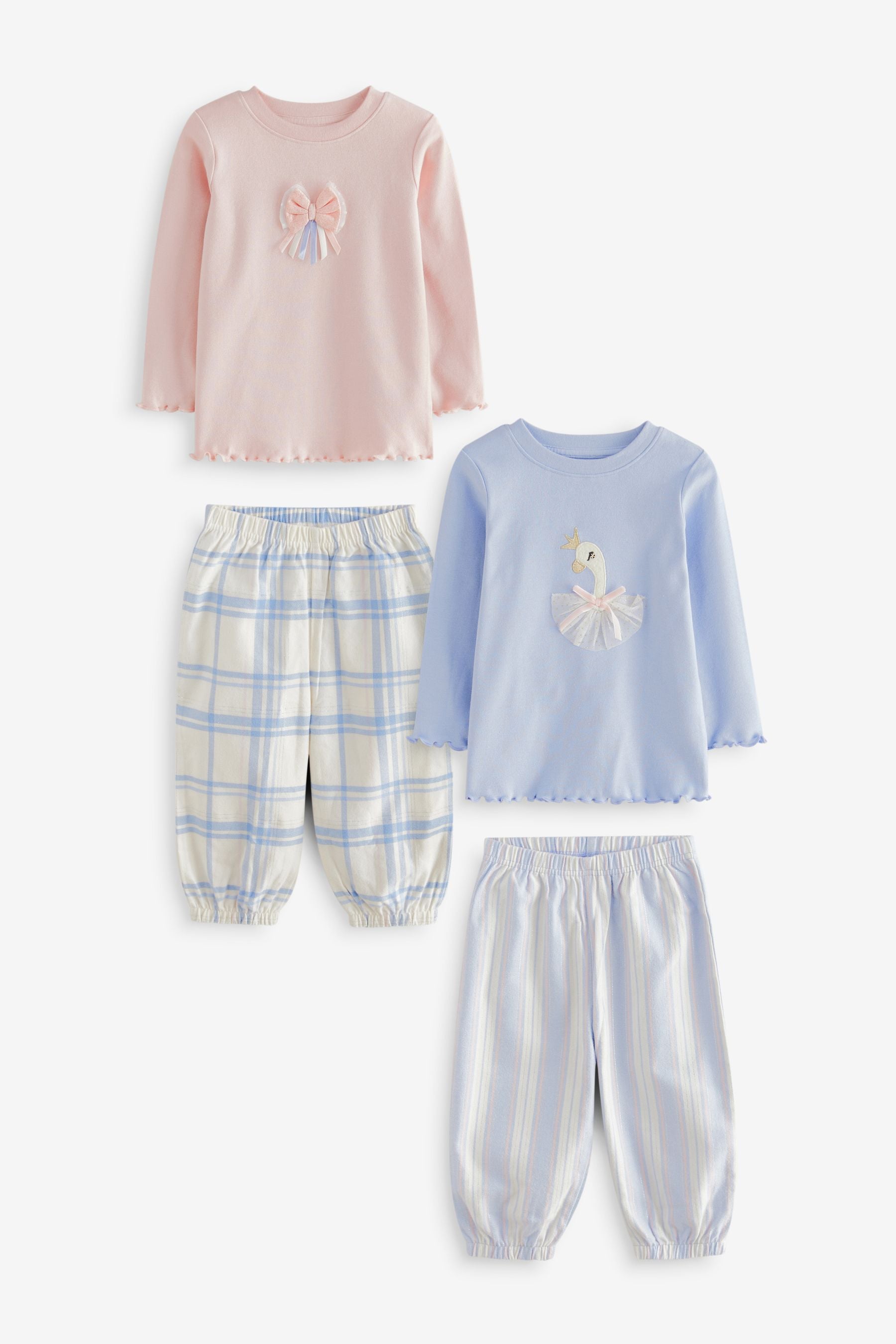 Pink/Blue Swan/Bow Woven Bottom Pyjamas 2 Pack (9mths-10yrs)