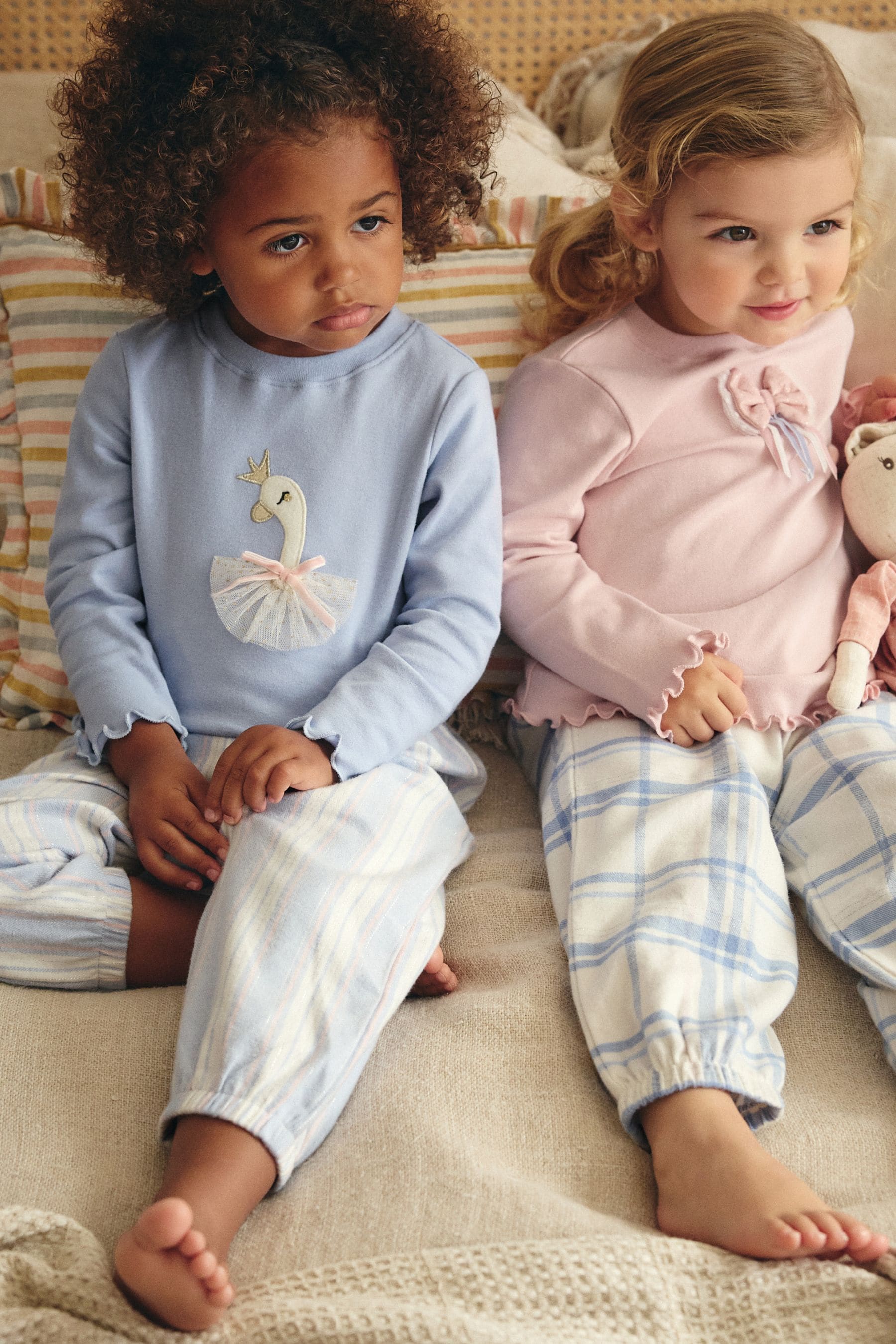 Pink/Blue Swan/Bow 2 Pack 100% Cotton Woven Bottoms Pyjamas (9mths-10yrs)