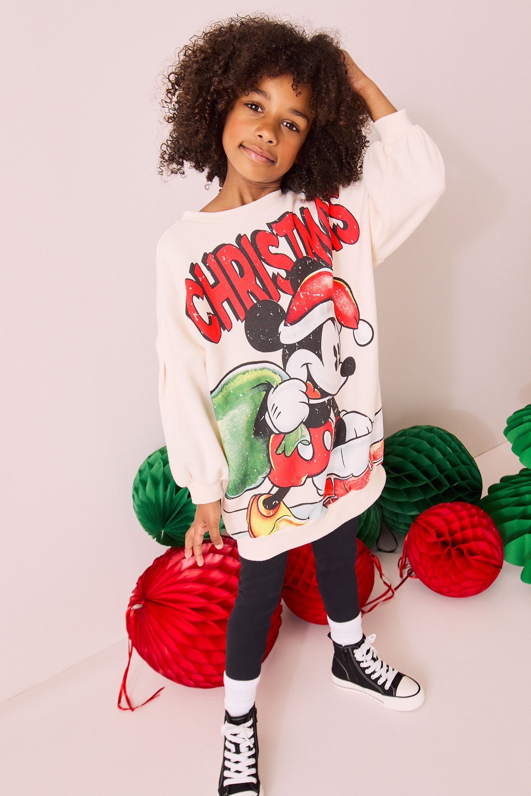 Ecru White Mickey Mouse Christmas License Jumper Dress (3-16yrs)