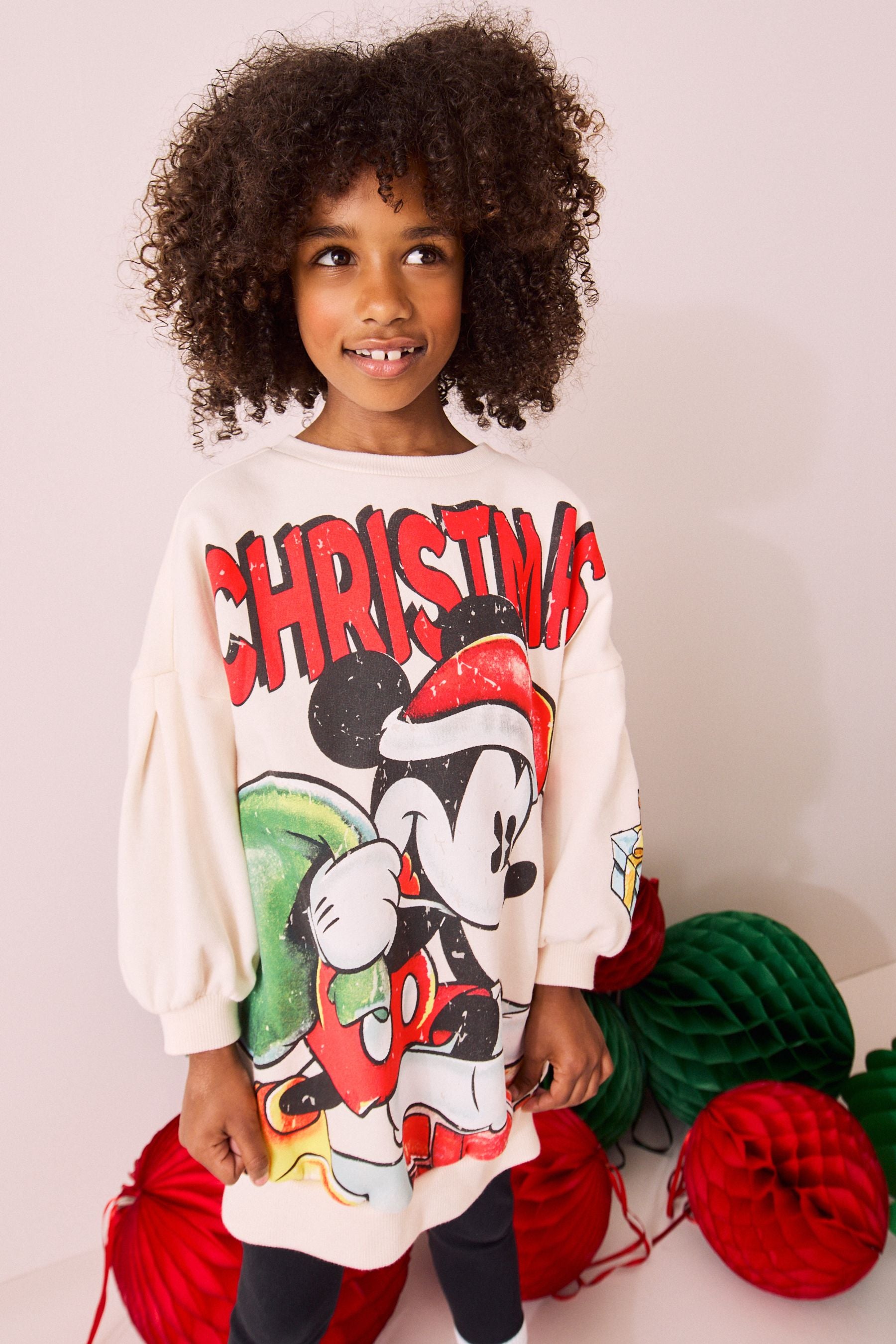 Ecru White Mickey Mouse Christmas License Jumper Dress (3-16yrs)