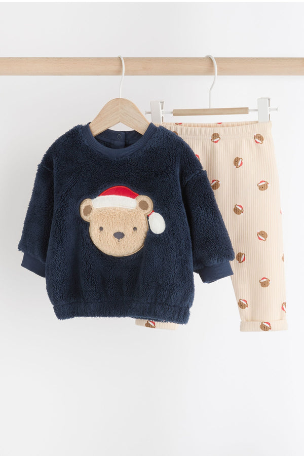 Navy Santa Bear Baby Fleece Top and Joggers Set