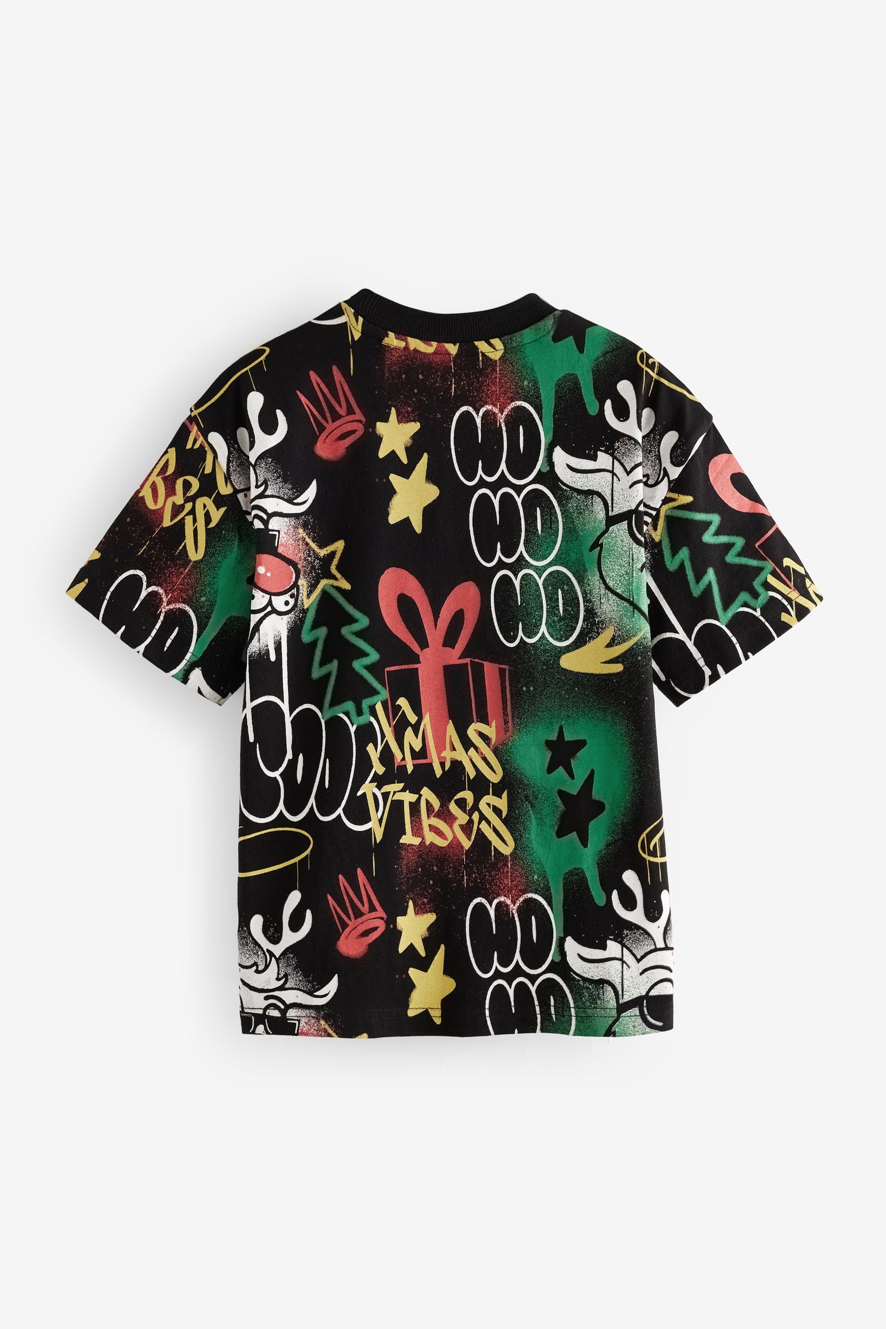 Black Rudolph Graffiti Short Sleeve Christmas 100% Cotton T-Shirt (3-16yrs)