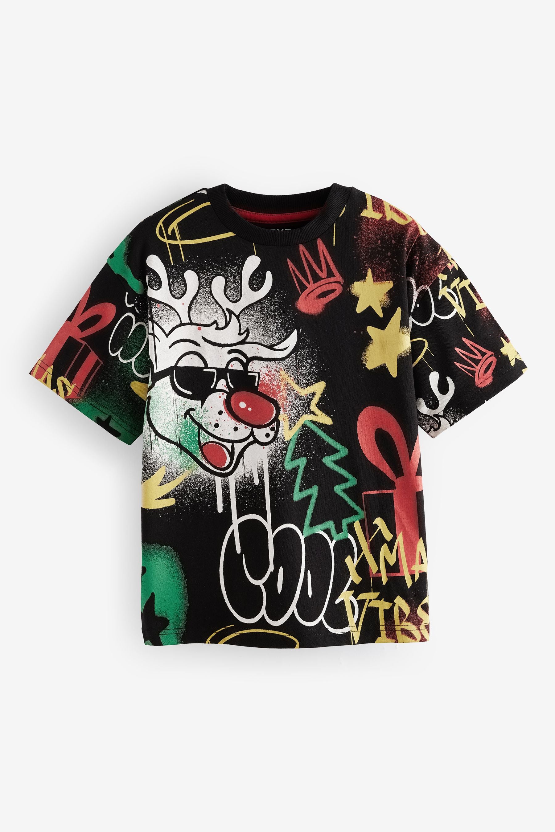 Black Rudolph Graffiti Short Sleeve Christmas 100% Cotton T-Shirt (3-16yrs)