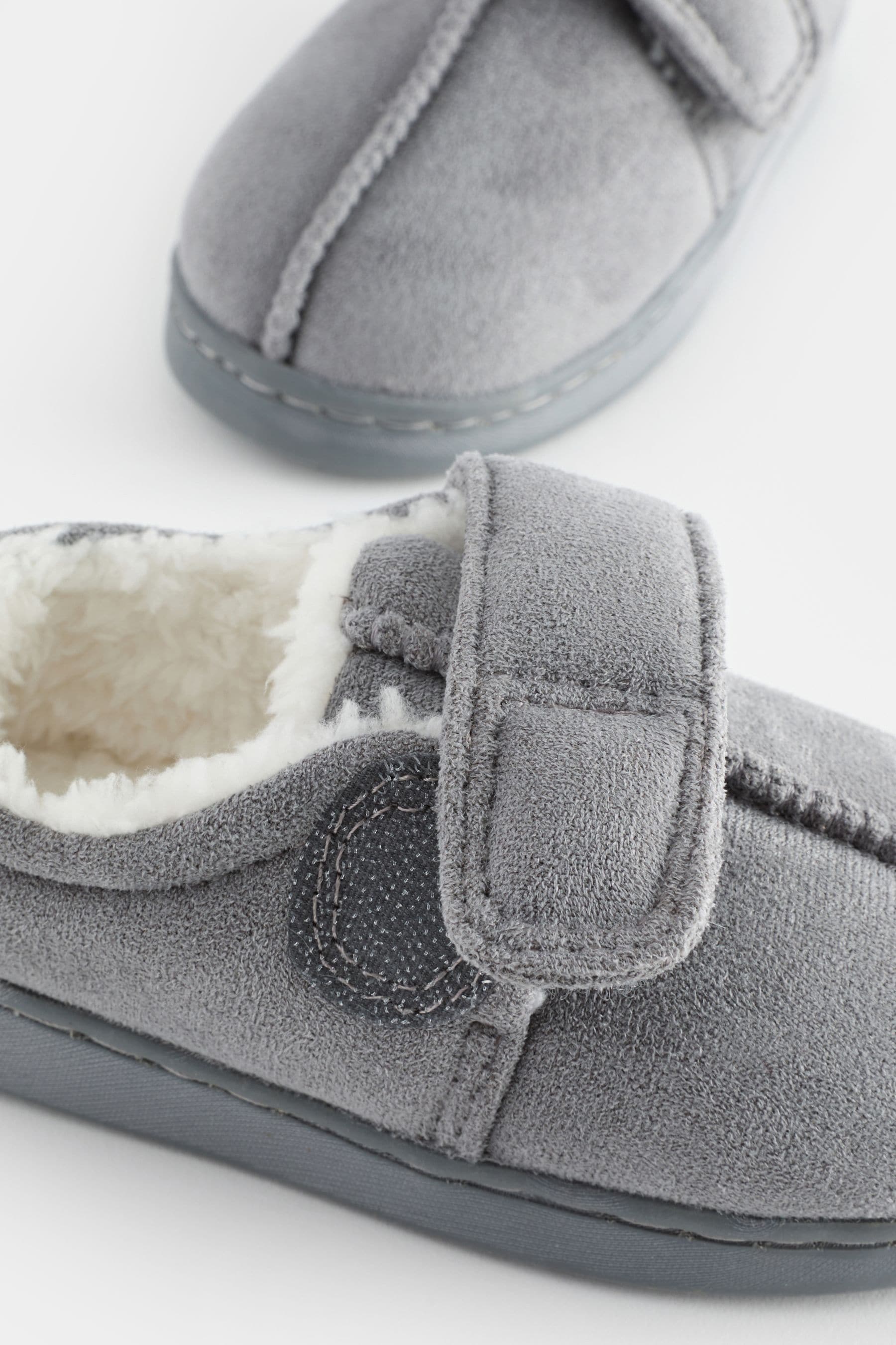 Grey Warm Lined Touch Fastening Slippers