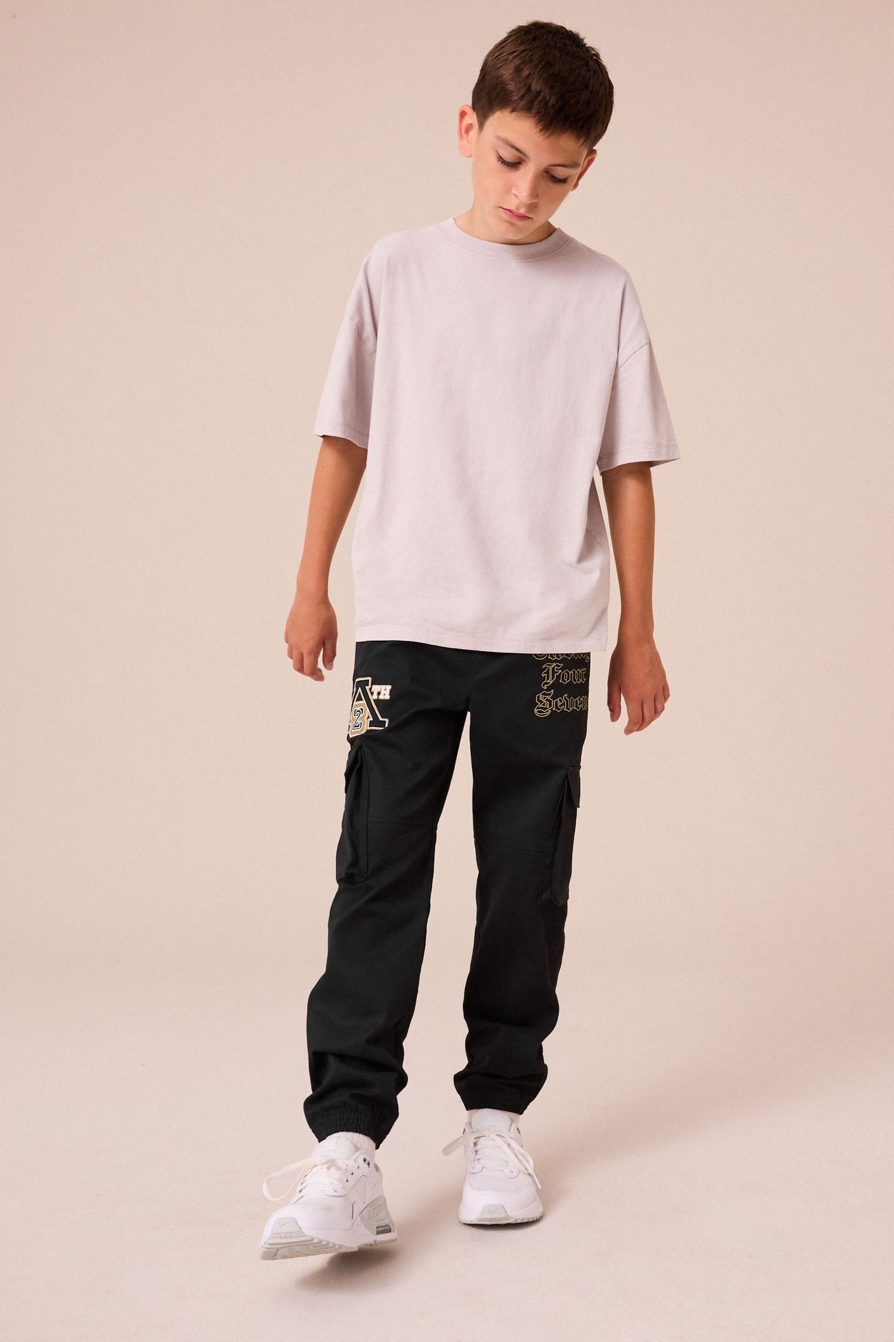 Black Cargo Graffiti Embroidery Trousers (3-16yrs)