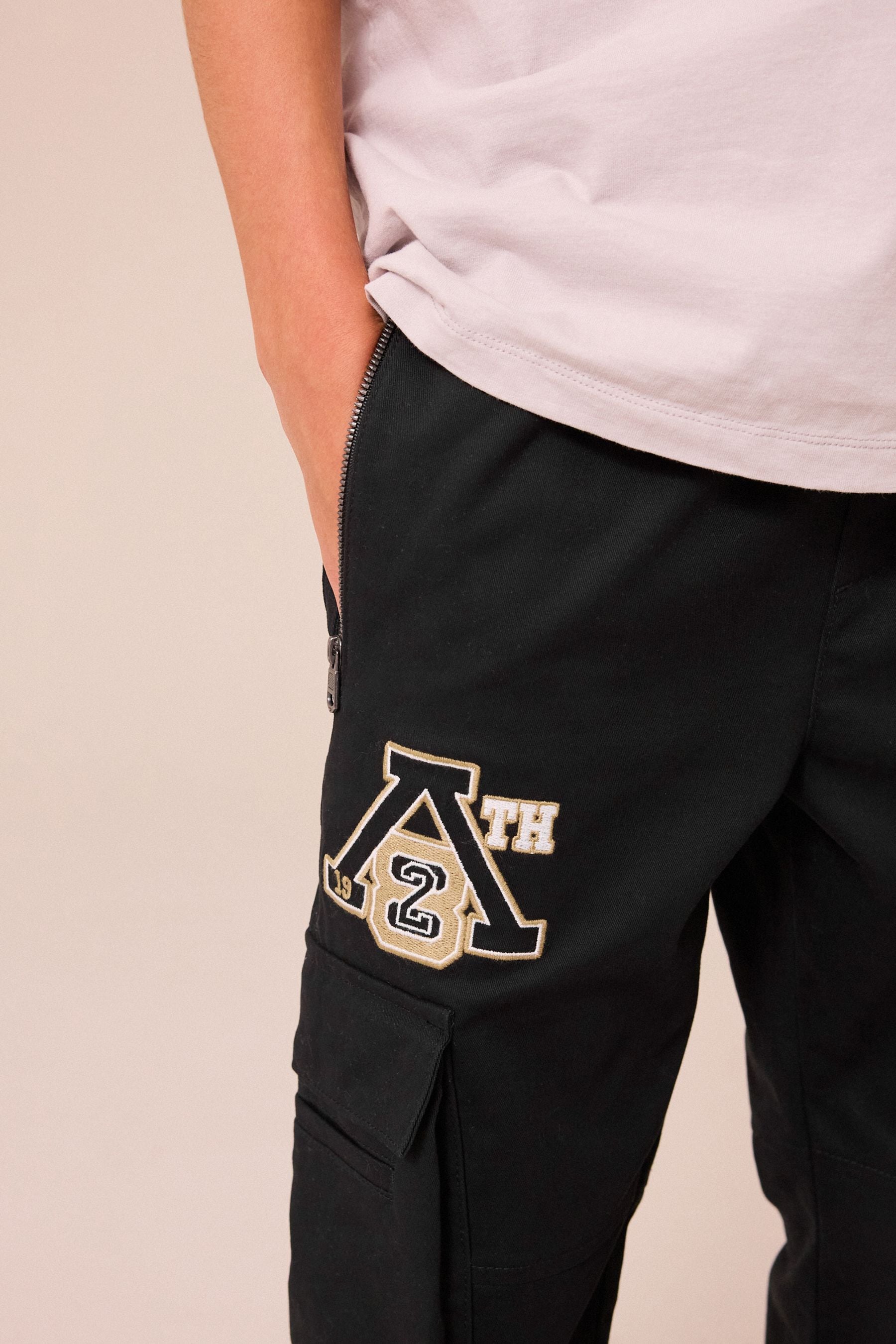 Black Cargo Graffiti Embroidery Trousers (3-16yrs)