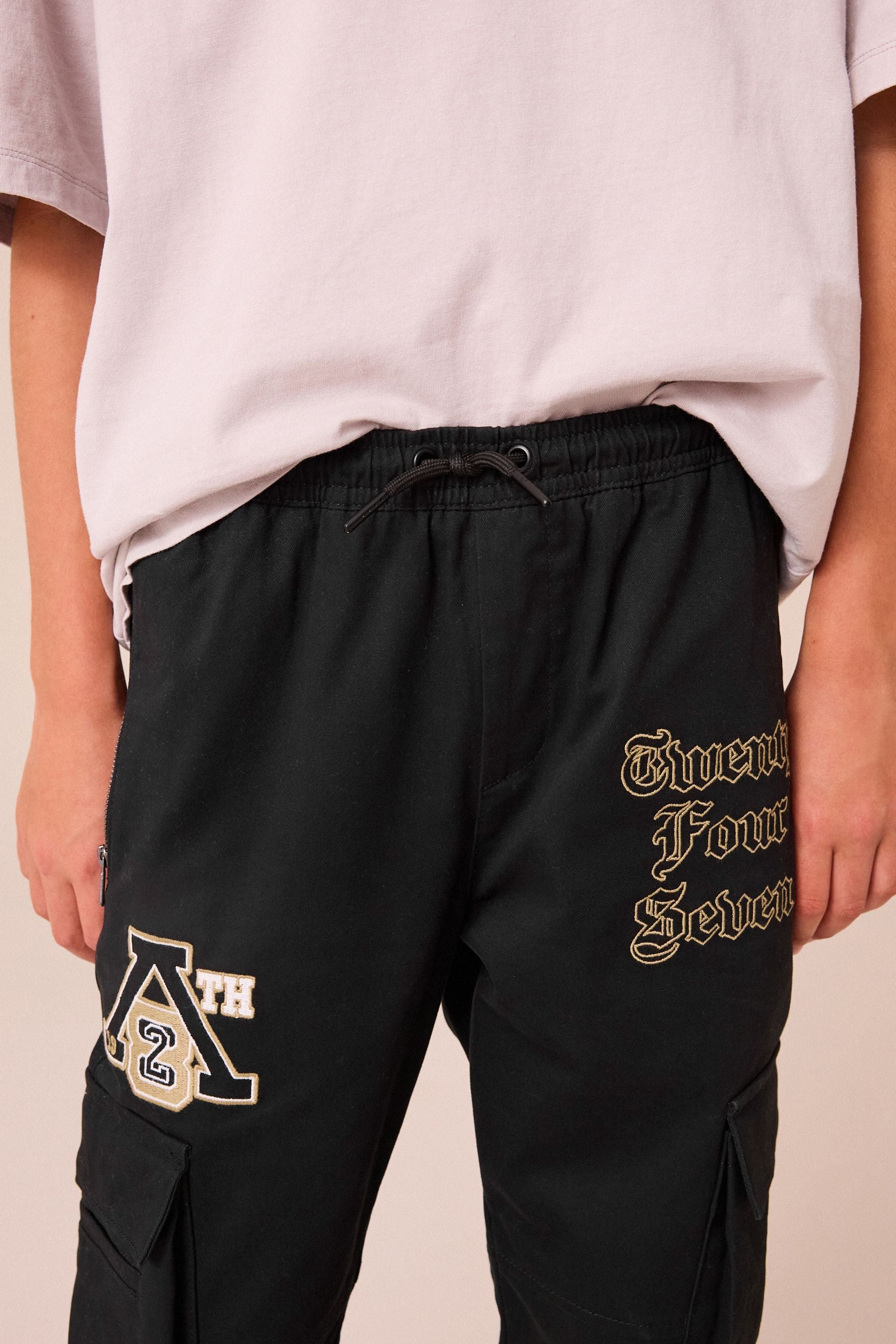 Black Cargo Graffiti Embroidery Trousers (3-16yrs)