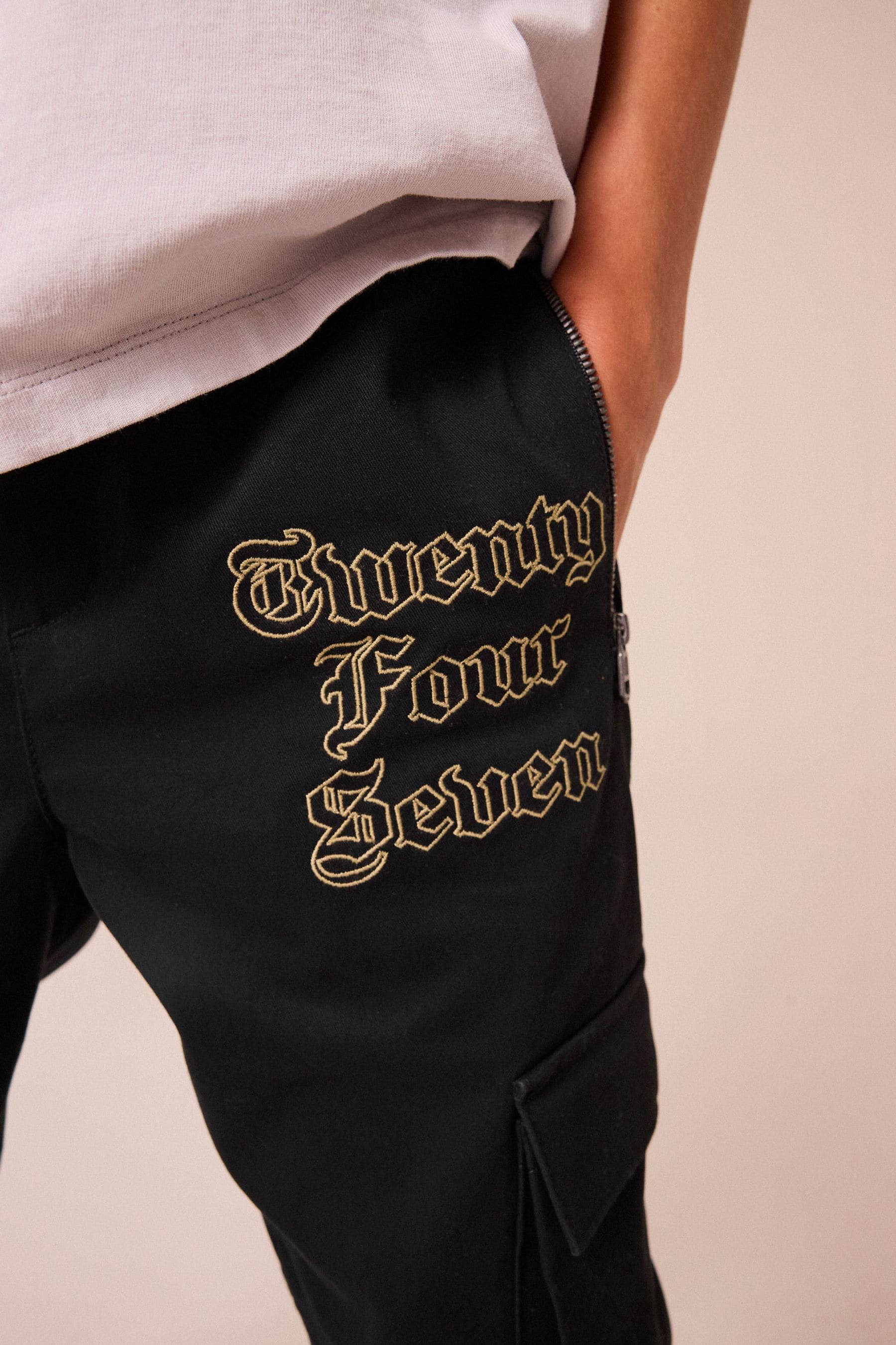 Black Cargo Graffiti Embroidery Trousers (3-16yrs)