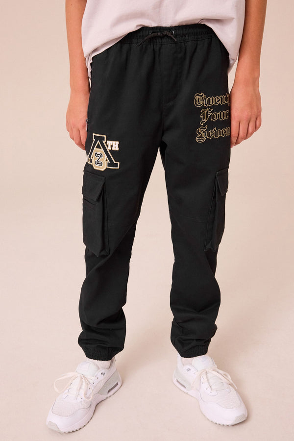 Black Cargo Graffiti Embroidery Trousers (3-16yrs)