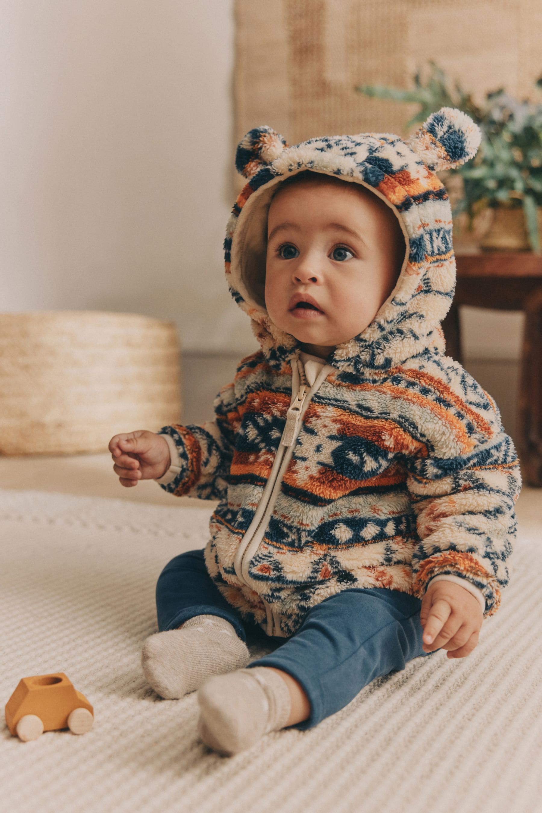 Blue/ Orange Print Baby Cosy Fleece Jacket with 3d Ears (0mths-2yrs)