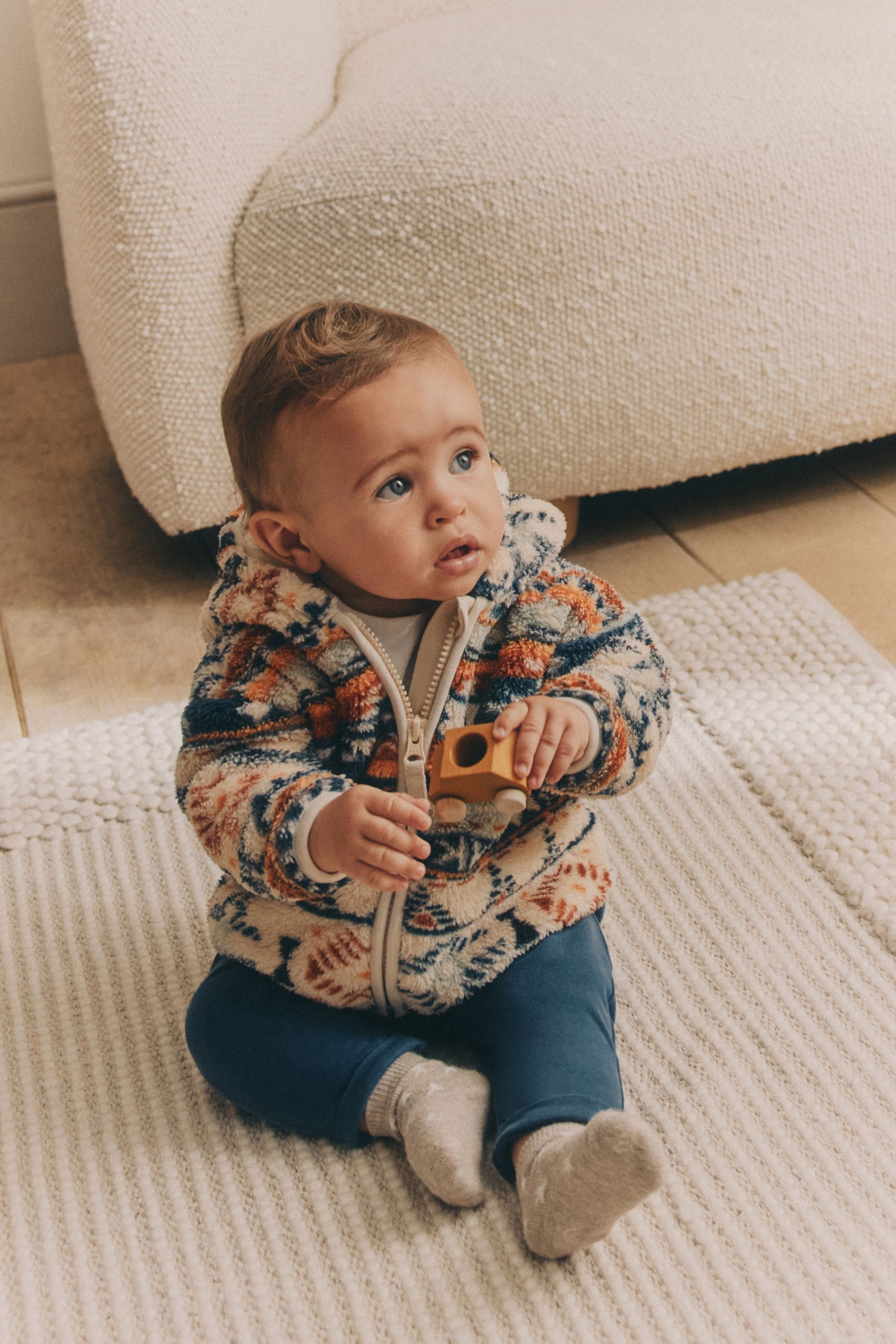 Blue/ Orange Print Baby Cosy Fleece Jacket with 3d Ears (0mths-2yrs)