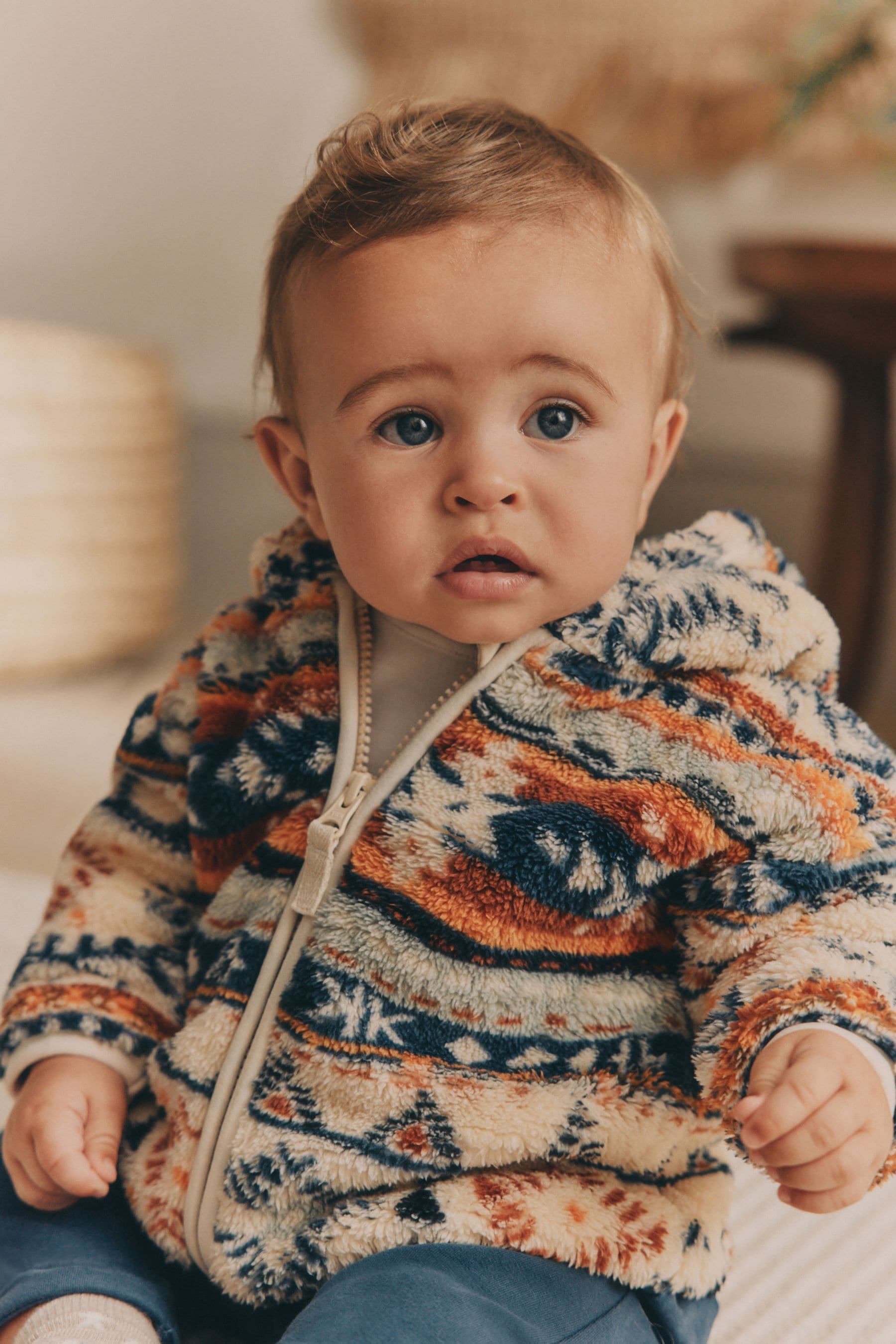 Blue/ Orange Print Baby Cosy Fleece Jacket with 3d Ears (0mths-2yrs)